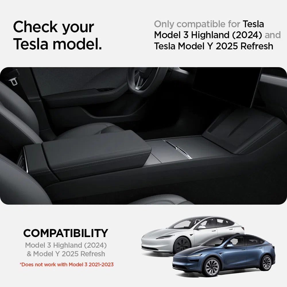Spigen Tesla Model Y Juniper (Solo Premium & Performance 2025/26) Y Model 3 Highland (Standard, Premium & Performance 2024/25/26) Bandeja Organizadora Consola Central con Tecnología de Deslizamiento