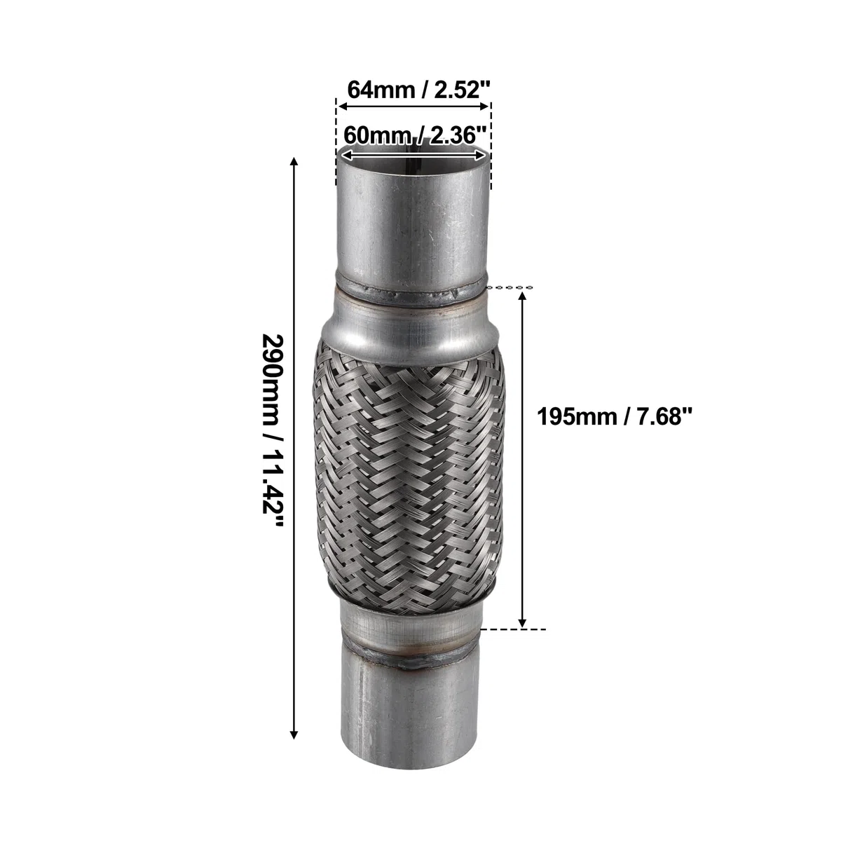 QUARKZMAN Tubo Flexible De Escape 1 Pieza Acero Inoxidable Para Automóvil | Plateado, 60X64X290Mm, Reduce Ruido Y Vibración, Fuelle Y Trenza Interna, Instalación Soldada, Universal