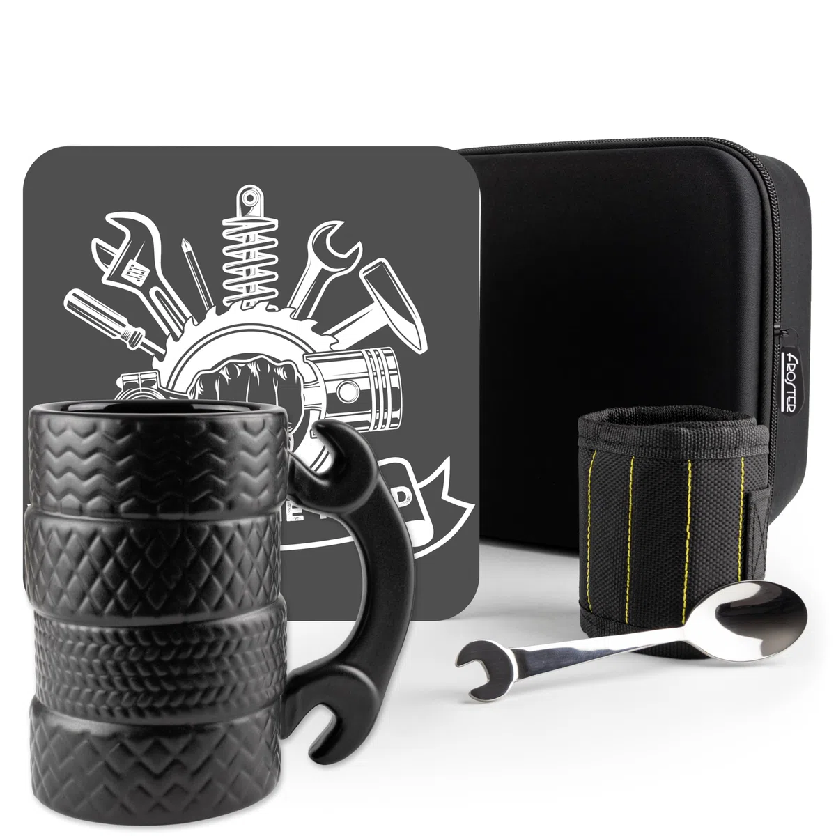 Froster Set de Regalo para Amante de los Coches, Regalos para Mecánicos, 3D Taza Neumático, Pulsera Magnética de Trabajo, Cucharilla
