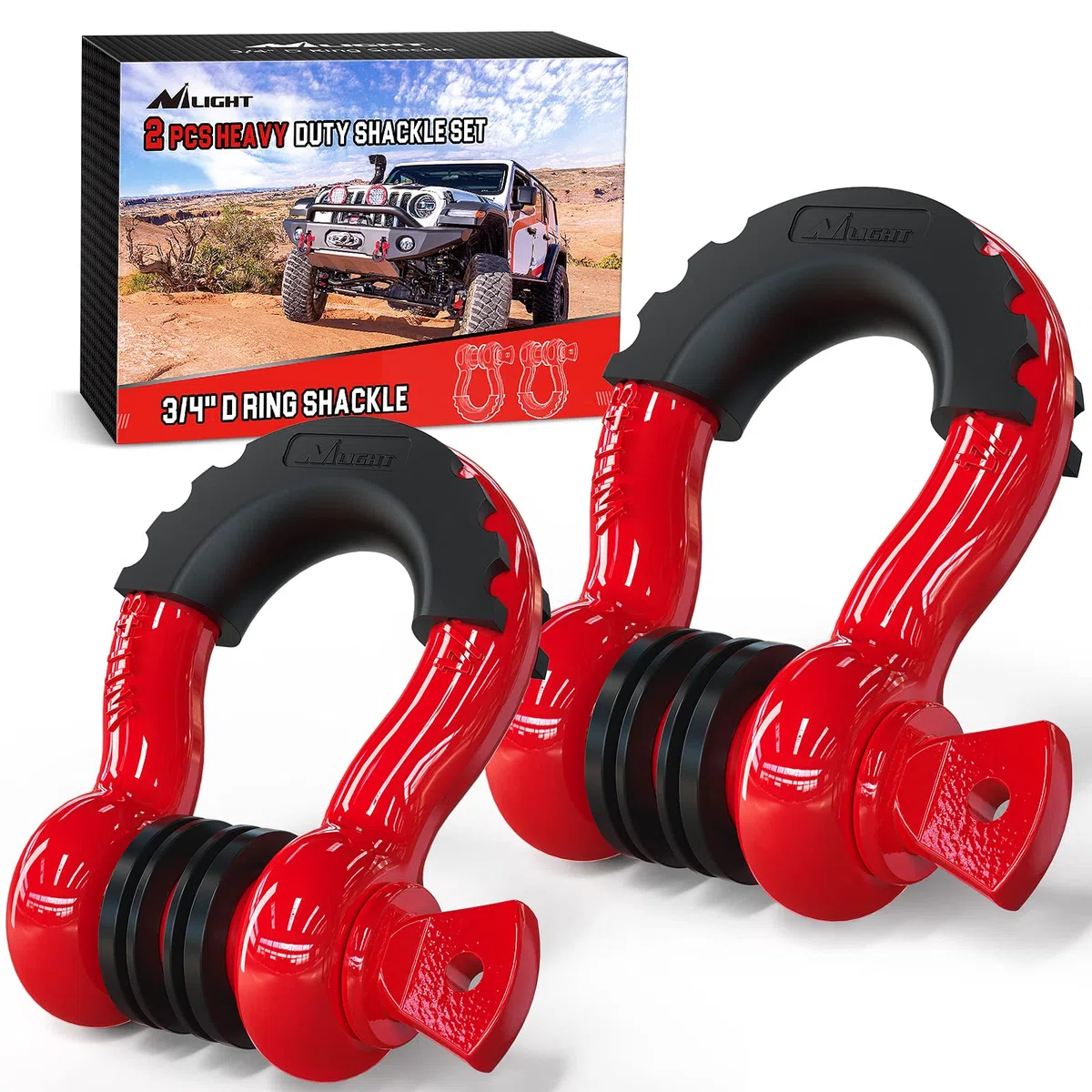 Nilight 90053B Paquete de 2 Ganchos en D de 1.9 cm, Capacidad de 4.75 toneladas, con Pasador de 2.2 cm, Ganchos de recuperación Todoterreno con aisladores y Arandelas para Jeep, camión, Rojo