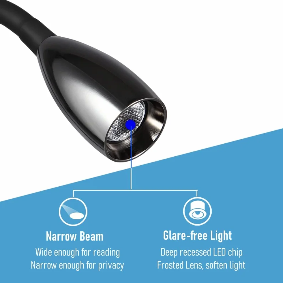 acegoo Luz de Lectura LED 12V Lámpara de Pared Flexible Cuello de Cisne Regulable DC12-24V con Cargador USB para Barco Autocaravana Caravana Camper Cabina Camión Camión (Negro Brillante)