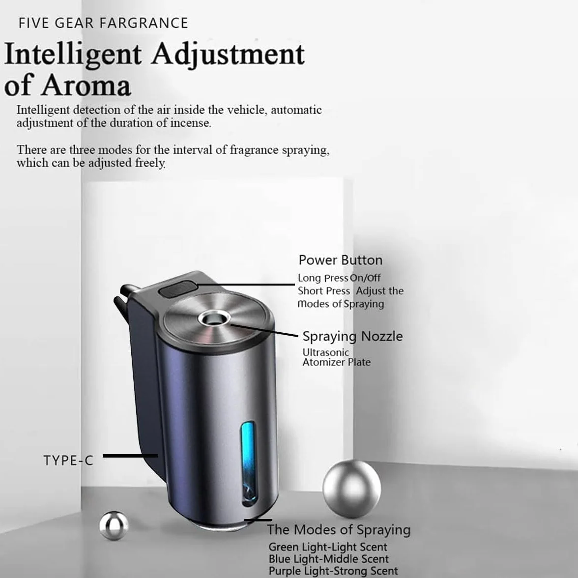 Difusor de aceite esencial recargable inteligente para coche, ambientadores inteligentes con USB, mini humidificador con tecnología de nano atomización, difusor de aromaterapia para coche con 3 luces
