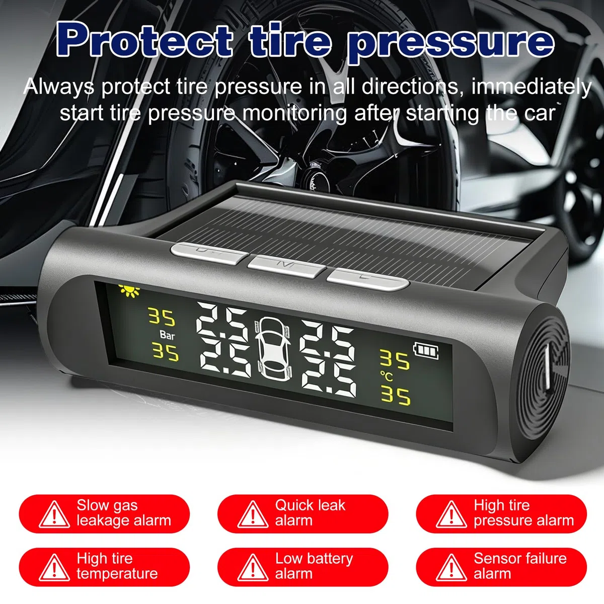 BAIFULAI TPMS Sistema de control de presión de neumáticos: IPX7 resistente al agua, sistema de control de presión de neumáticos con 4 sensores exteriores, digital alimentado por energía solar, mini
