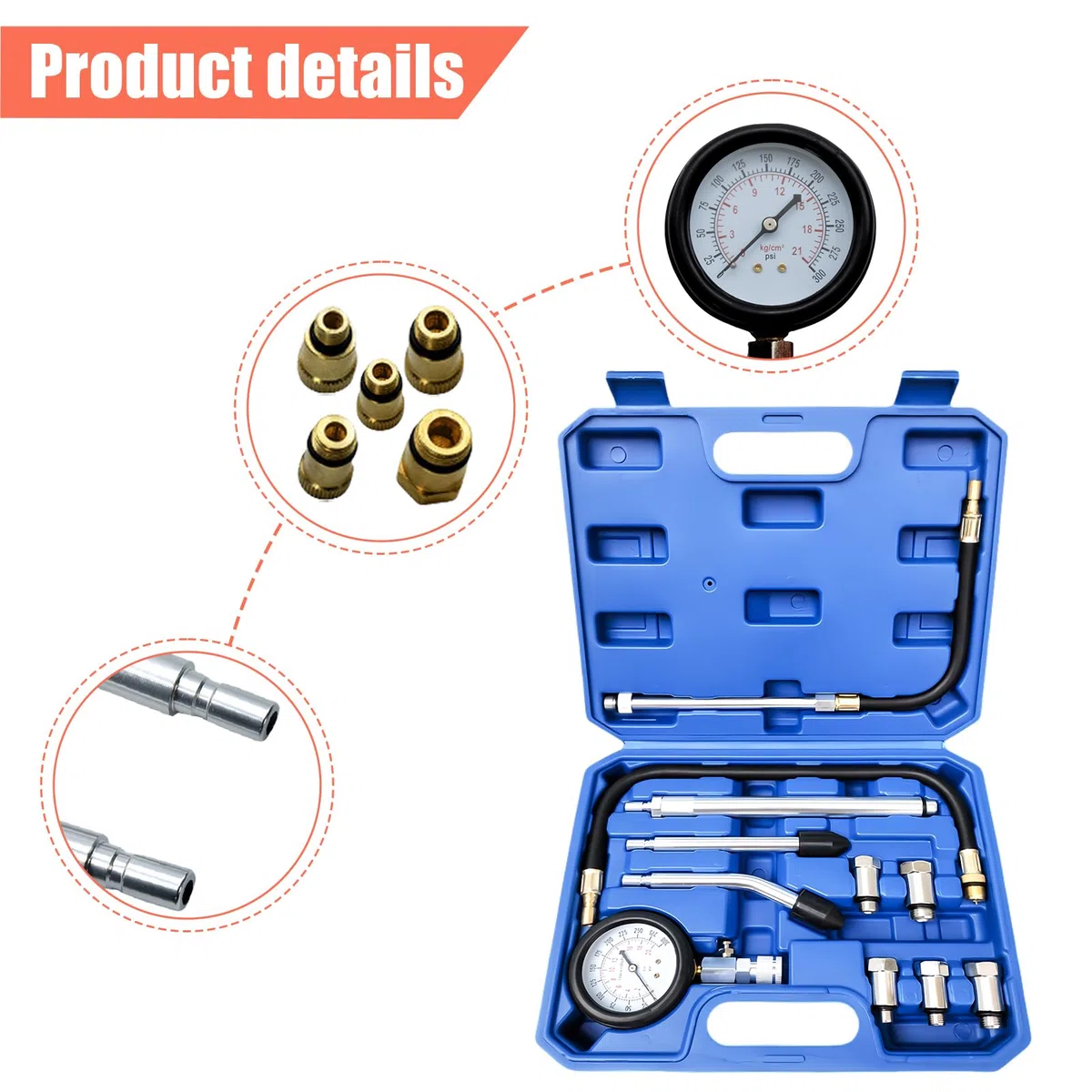 Juego de 11 comprobadores de compresión para motor de gasolina, 0-300 PSI / 0-20 bar, comprobador de compresión de gasolina, medidor de compresión de presión cilíndrica