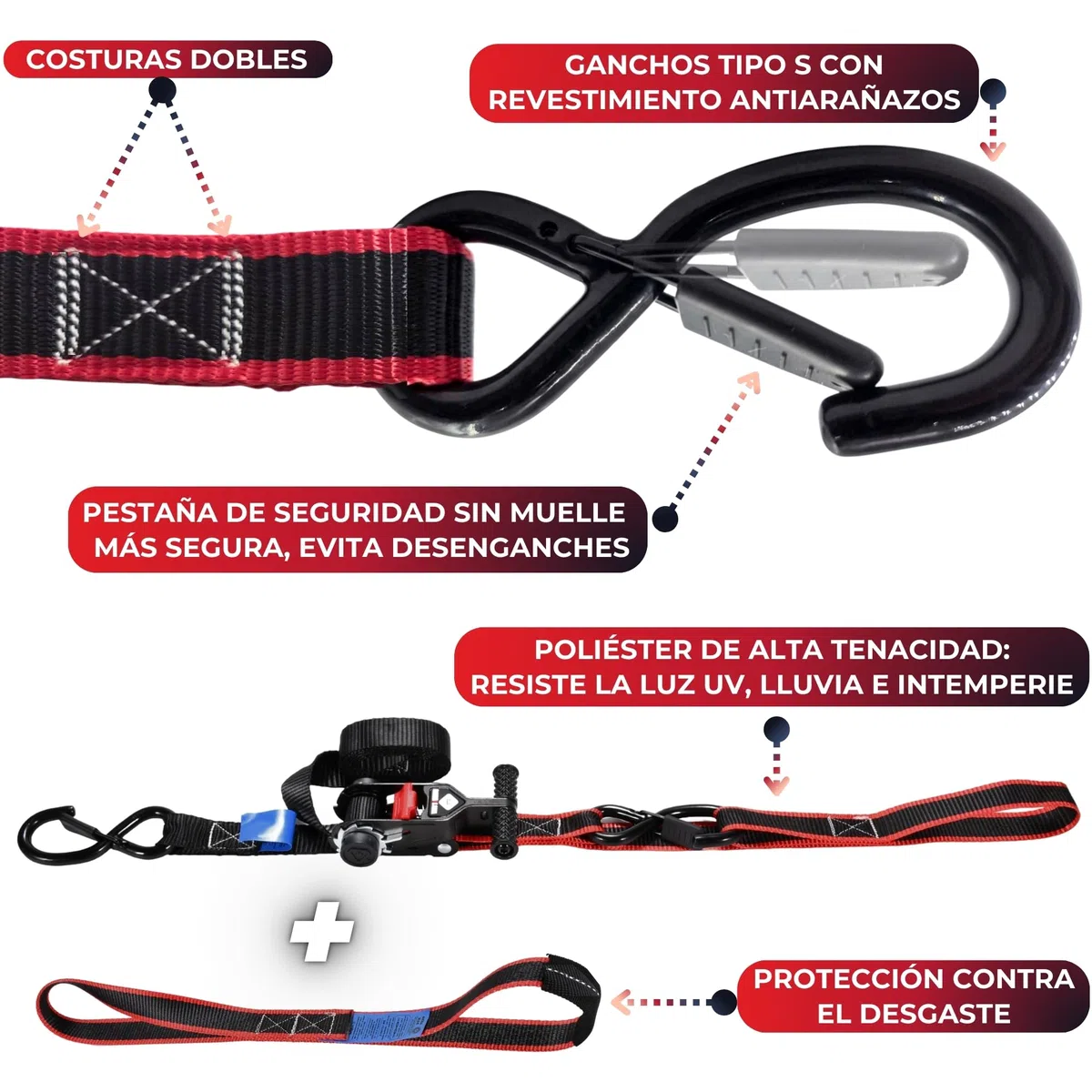 Cinchas de Amarre Moto con Carraca - Eslingas de Carga para Remolque - Trinchas de Sujeción a Portamotos - F. Rotura 800 kgf/Cinta - 2 Correas con Ganchos de 1,9m + 2 Eslingas de Amarre