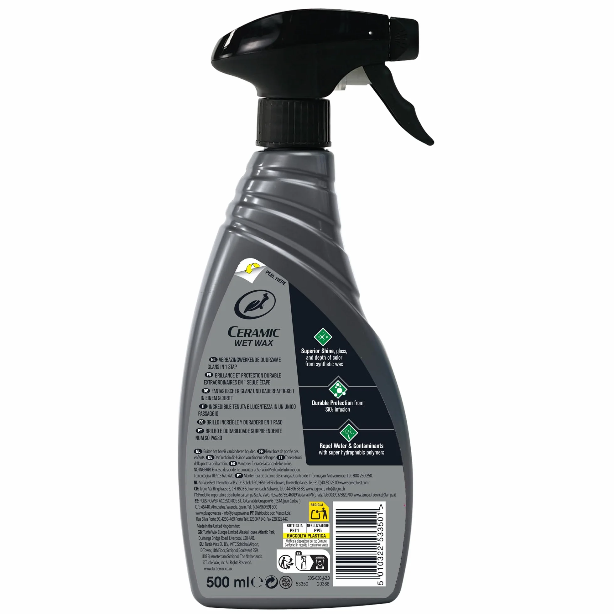 Turtle Wax Hybrid Solutions Cera Húmeda Cerámica, cera en spray para coches, proporciona brillo alto, protección con recubrimiento cerámico para pintura, llantas, cristales, repelencia al agua, 500 ml