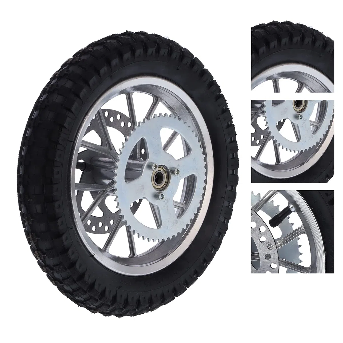 Focket Llanta Trasera de 12,5 X 2,75 Pulgadas con Conjunto de Rodamientos de 0.472 in, Rueda Trasera para Mini Moto de Cross de 47 y 49 de 2 Tiempos, Rotor de Disco de Freno de Neum (A (Plata))