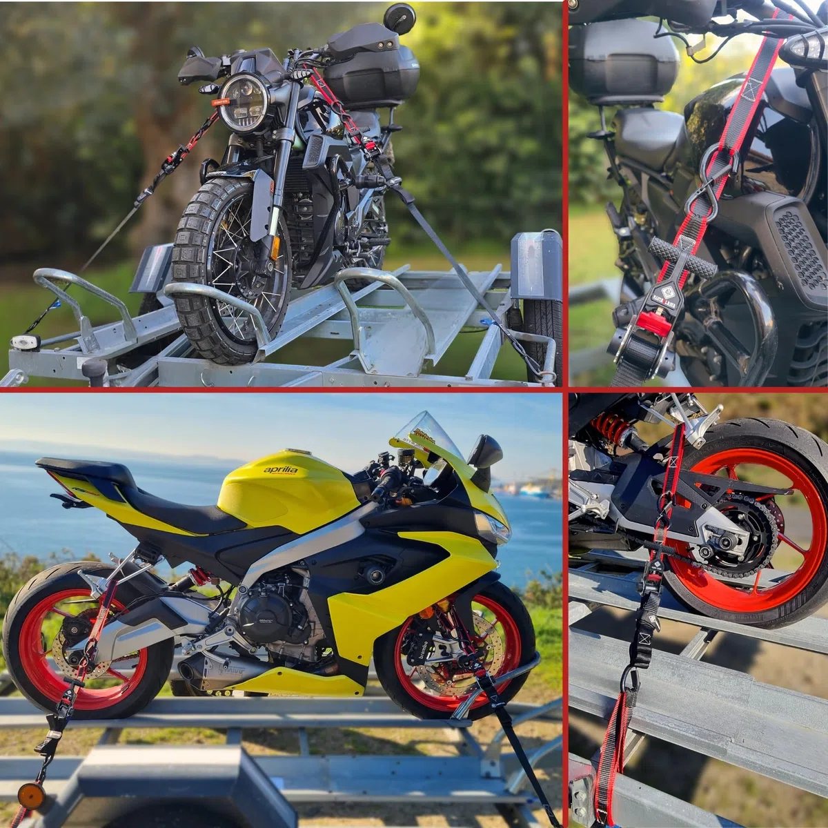 Cinchas de Amarre Moto con Carraca - Eslingas de Carga para Remolque - Trinchas de Sujeción a Portamotos - F. Rotura 800 kgf/Cinta - 2 Correas con Ganchos de 1,9m + 2 Eslingas de Amarre