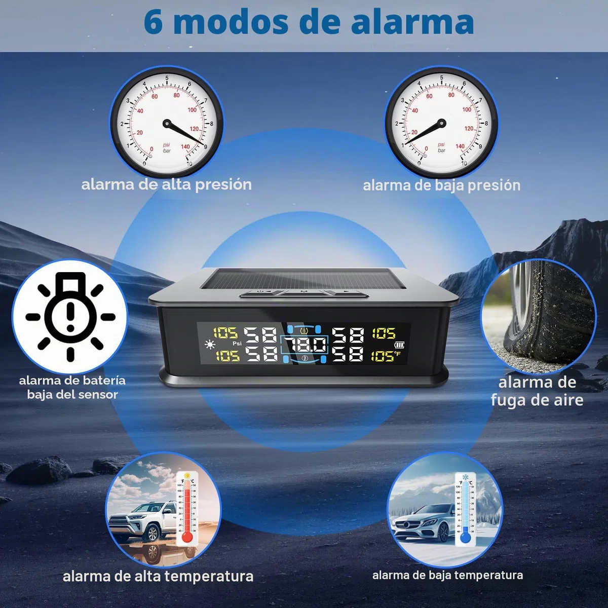 Sistema de Monitorización de Presión de Neumáticos TPMS, Solar Inalámbrico y Carga USB, Monitor de Presión de Neumáticos, 5 Modos de Alarma, 4 Sensores Externos, Rango 0-5 Bar, Ajuste
