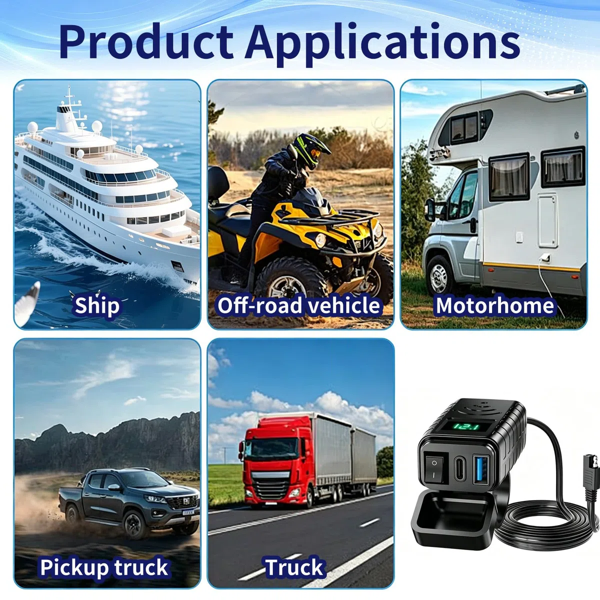 Cargador USB Moto, Toma USB C 12V 24V con PD3.0 36W y QC3.0 18W, Enchufe Impermeable con Interruptor, Voltímetro LED, Fusible 10A SAE para Motocicleta ATV Scooter Camper Barco Coche GPS RV