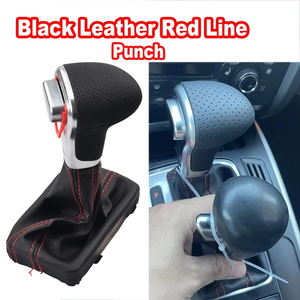 Pomo de palanca de cambios automático con funda de palanca de cambios negra transpirable, transmisión de costuras rojas para Au-di A3 A4 A5 A6 Q5 Q7 2004 2005 2006 2007 2008 2009 2010 2011 2012 2013