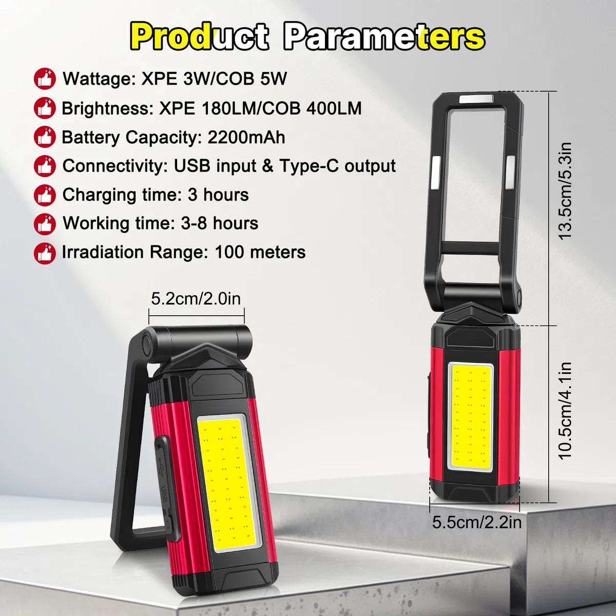 Luz de Trabajo LED, Linterna Taller, Lámparas de inspección Recargable, Base Magnética, 7 Modos Trabajo, Soporte Giratorio Gancho Plegable, para Reparación de Automóviles, Taller, Camping, 2 Piezas