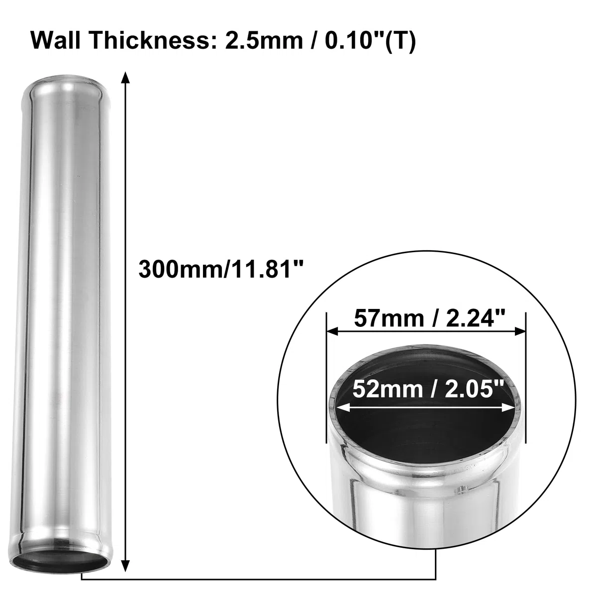 X AUTOHAUX Tubo de aleación de aluminio de diámetro exterior de 57 mm de longitud, 300 mm, tubo de entrada de aire recto, tono plateado para coche