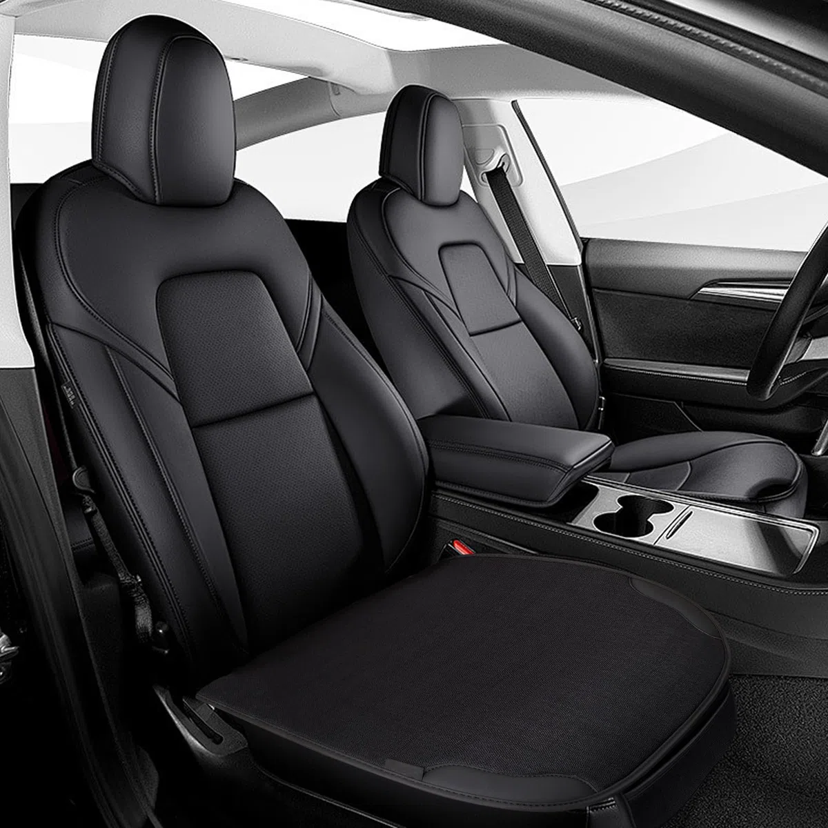 Cojín de Asiento de Coche Universal 51x50cm – Funda Antideslizante para Asiento Delantero,Transpirable y Suave,Estilo Moderno y Minimalista,Accesorios para el Interior del Automóvil (2 Piezas Negro)