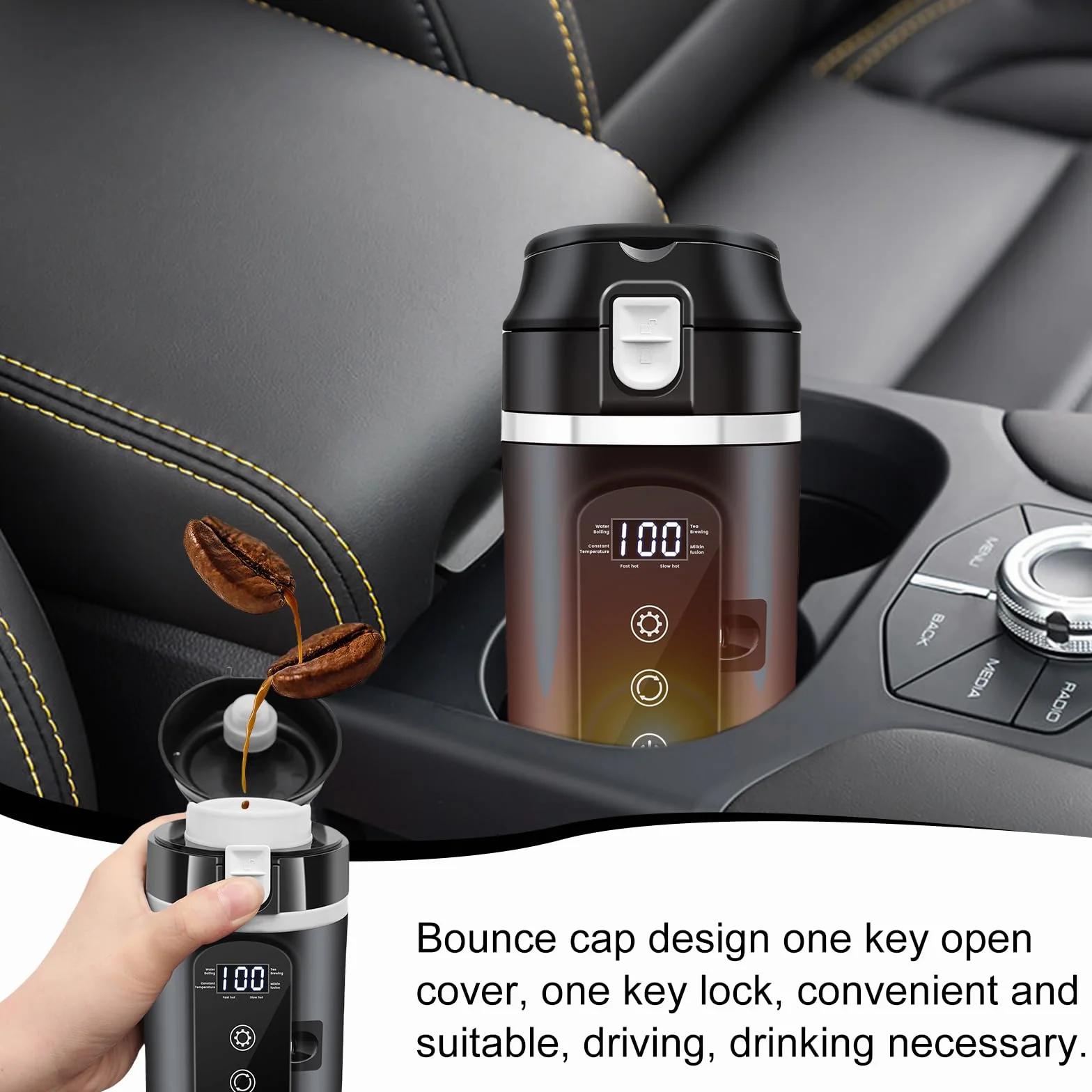 Hervidor de agua para coche, vaso calefactor de 500 ml, hervidor de agua de viaje, 12 V, mini café eléctrico de hasta 100 ℃, control de temperatura variable para camiones y camping