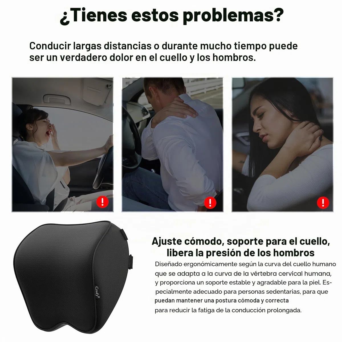 Crofy Juego de 2 Almohadas para el Cuello del Coche, Reposacabezas Suave para Conducir con Correa Ajustable, 100% Espuma de Memoria y Funda Transpirable Lavable, Diseño Ergonómico y Cómodo
