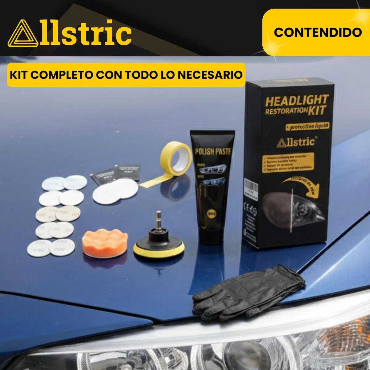 Kit Pulir Faros Coche con Polímero Líquido y Barniz Faros Coche. Pulimento Faros Profesional y Restaurador Faros Opacos para Pasar ITV. Kit Pulido Faros Coche Mejor Visibilidad y Seguridad