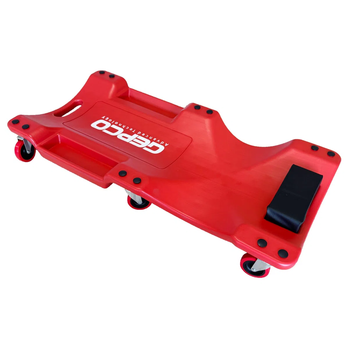 GEPCO Tumbona de taller de 100 cm, tabla de ruedas de plástico con forma ergonómica, reposacabezas acolchado y bandejas para herramientas, capacidad de carga de 150 kg, 6 ruedas giratorias, camilla de