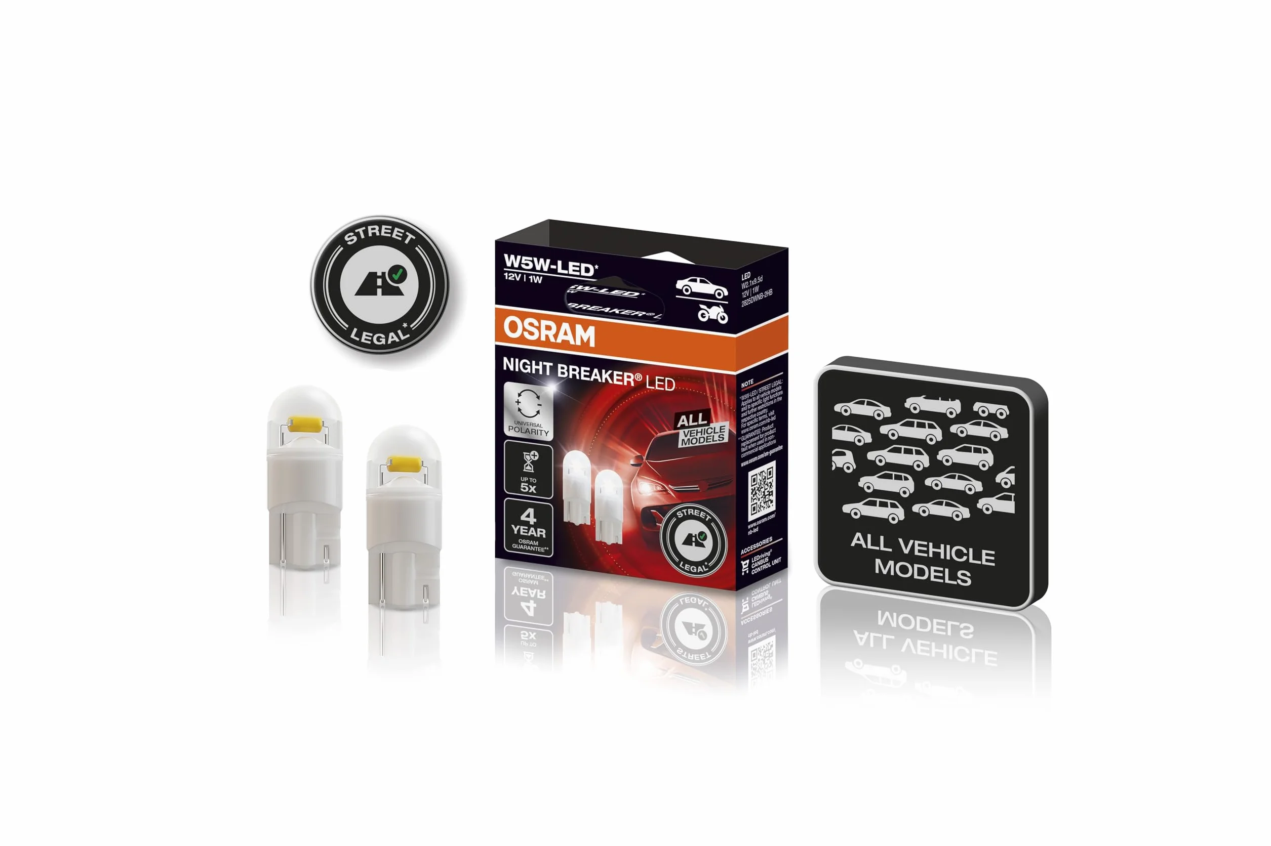 OSRAM NIGHT BREAKER LED W5W, luz de estacionamiento/luz de posición/luz interior universal con homologación de calle, para todos los modelos de vehículos, 12V