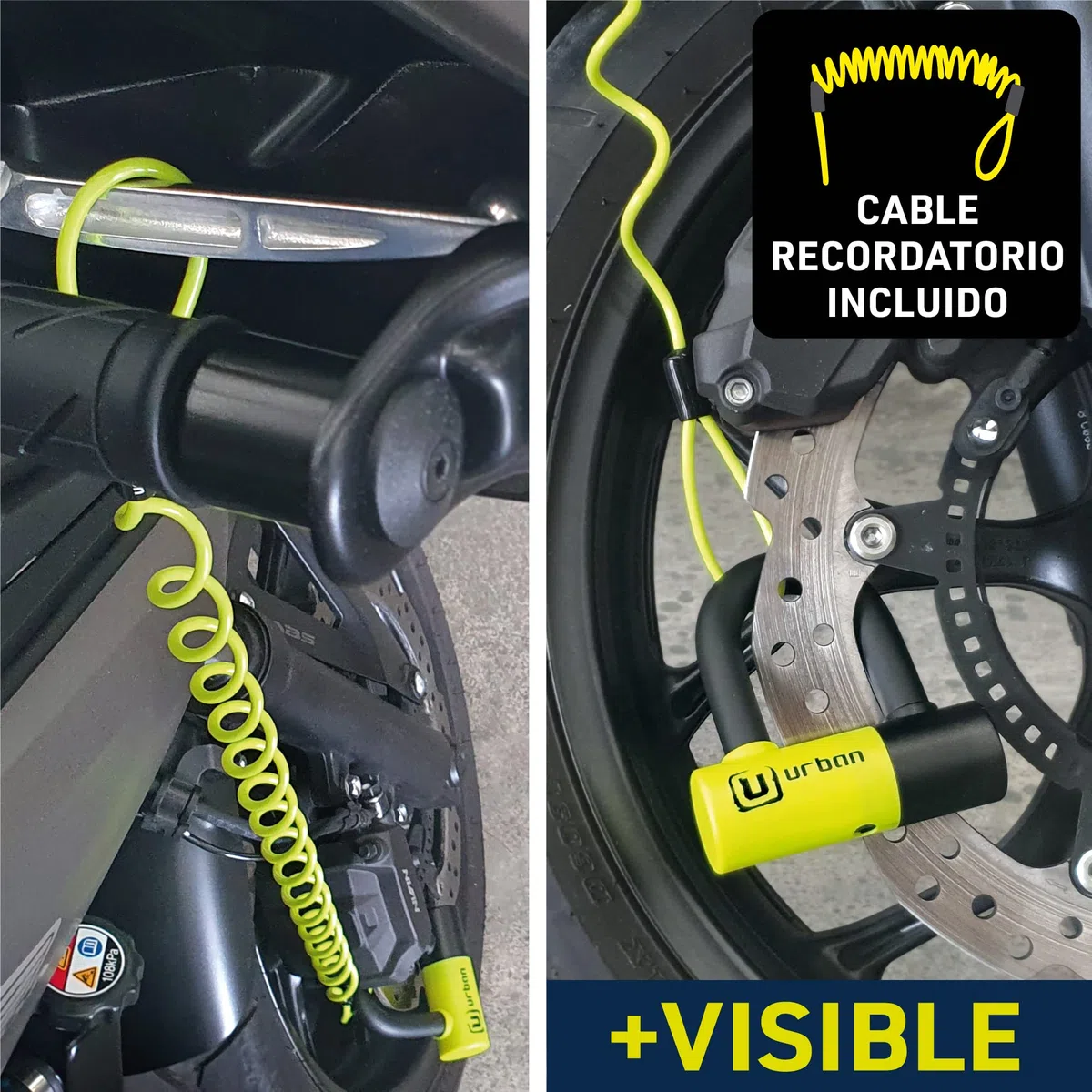 URBAN UR59 Candado Moto Disco Mini U ø14mm, Alta Seguridad, Antirrobo Moto Doble Función Bloqueo Pinza Freno o Cadena Seguridad, Doble Cierre Acero Endurecido, Cable Recordatorio, Cepo Moto Universal