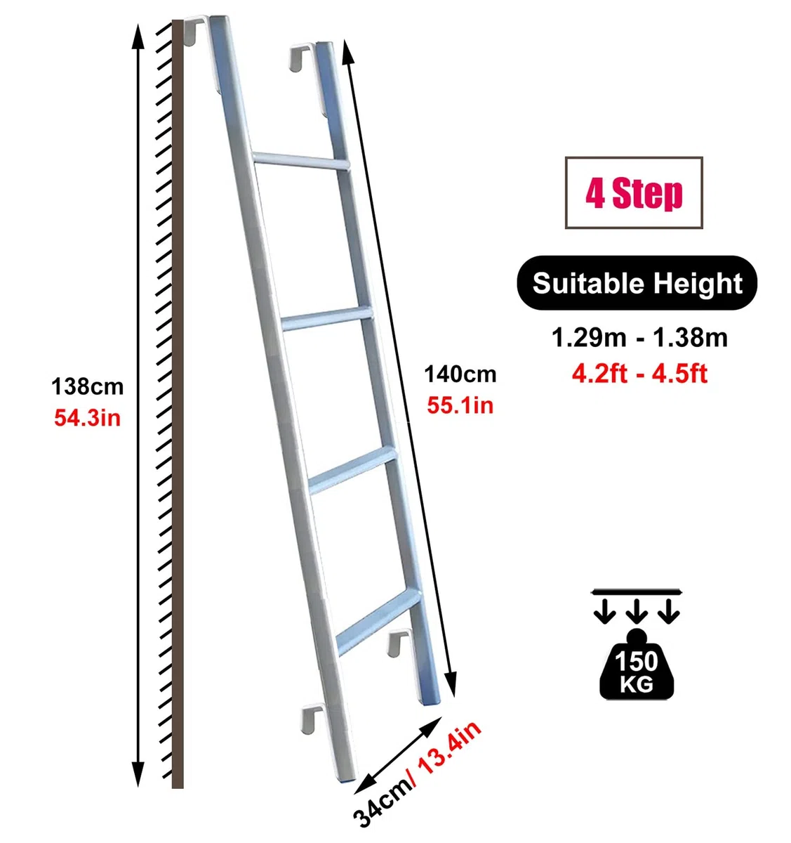 Kunovo Escalera Litera Escalera de Litera de Color Muli-ti con Ganchos, 116 Cm/ 130 Cm/ 140 Cm/ 150 Cm/Estructura De Metal Alto Cama Doble Litera Escalera para Autocaravana Camper Escaleras del Ático