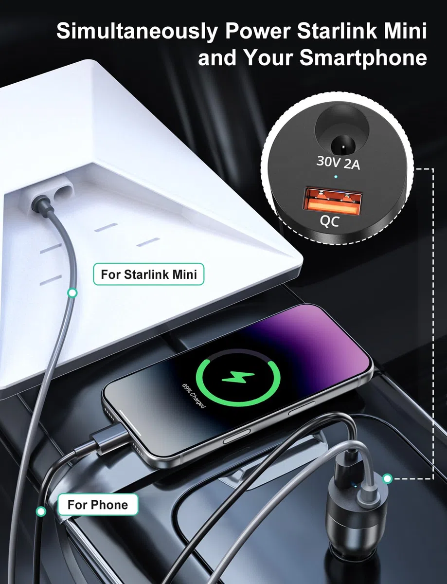 Starlink Mini Adaptador de Coche de 60 W de 12 V a 24 V CC, convertidor Elevador para Cable Oficial de 16 AWG 30 m, Adaptador Starlink Mini 12 V 2 en 1 Adaptador de Encendedor de Cigarrillos de Coche