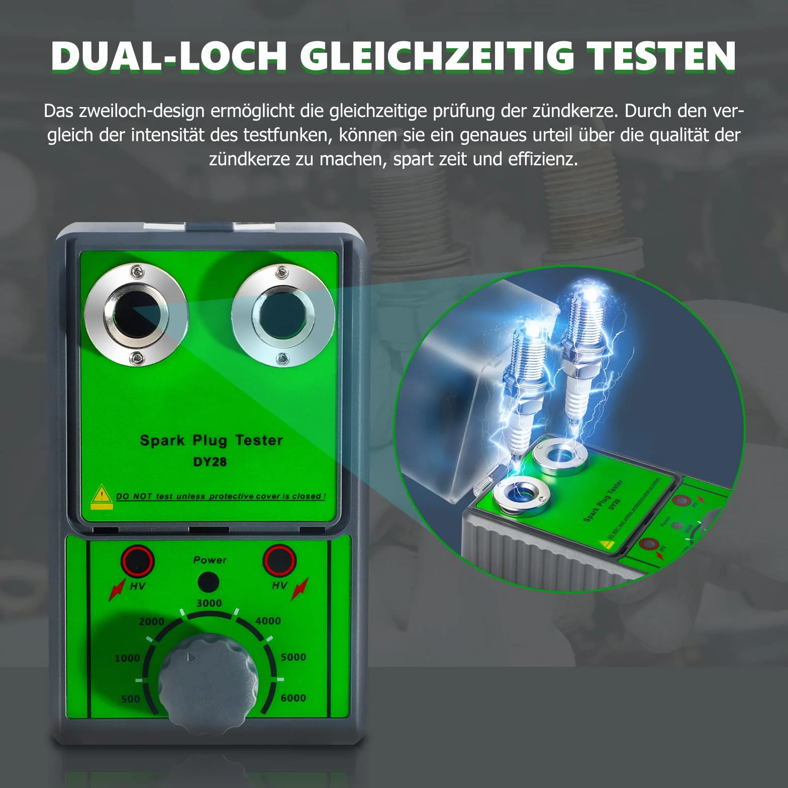 MRCARTOOL Comprobador de Bujías con Doble Orificio, Frecuencia de Trabajo Ajustable 0-6000rpm, Analizador de Bujías con Funda Transparente, para Vehículos de 12V (Verde)