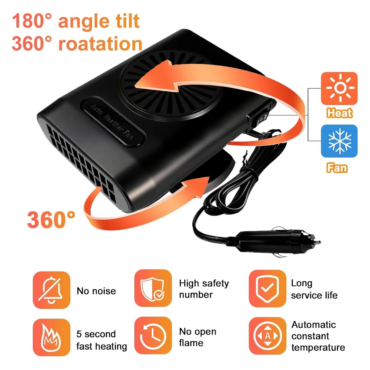 Pipihome 200W Calefactor Coche 12V, Calefactor Portatil para Coche Descongelador Parabrisas, Calentador Bajo Consumo Mechero, 360 Grados Rotación, para la Mayoría de los Automóviles, Camping (C)