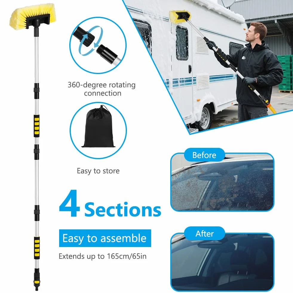 Cepillo Lavar Coche con Mango Largo, 165CM Longitud Ajustable Cepillo Limpieza Coche con Bolsa de Almacenamiento Toalla, Se Puede Conectar Directamente a la Tubería de Agua.