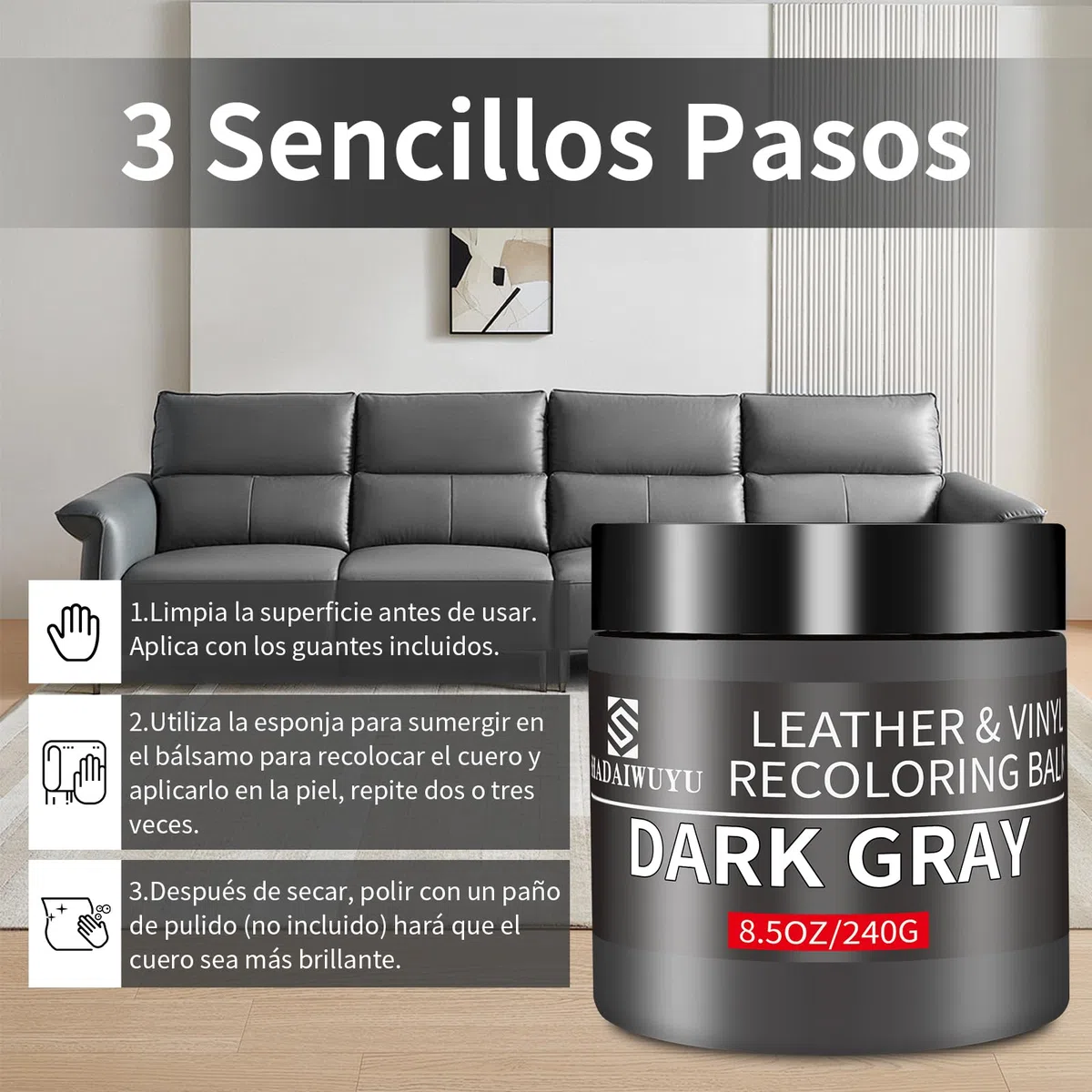 SHADAIWUYU Reparador Cuero,240g Cuero Liquido Reparador Gris Oscuro Pintura para Cuero para Reparar el Desgaste y Las Marcas en Sofás, Muebles de Vinilo, Asientos de Automóvil y Zapatos de Cuero