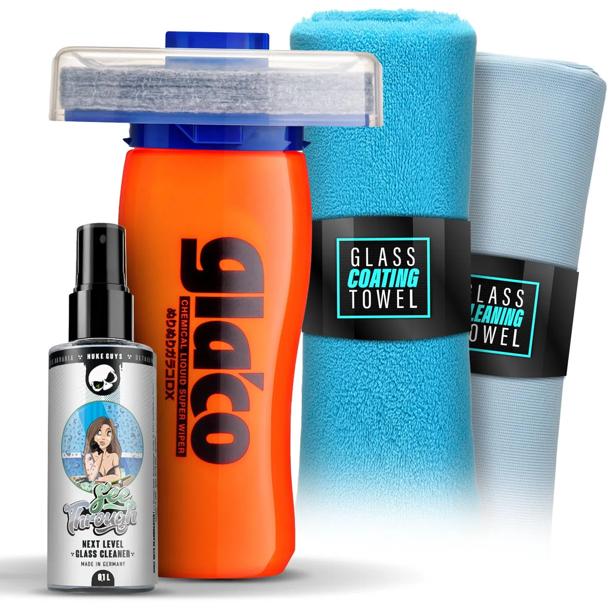 detailmate Juego de 4 piezas de sellado de vidrio - Soft99 Glaco DX 110 ml - Sellado con efecto loto perfecto + Limpiaparabrisas 100 ml, gamuza de microfibra 40x40cm y paño de vidrio