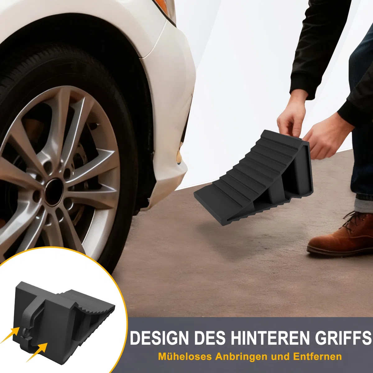 XMTECH 2 cuñas de ruedas con mango, estable de plástico PP para automóviles, caravanas, color negro