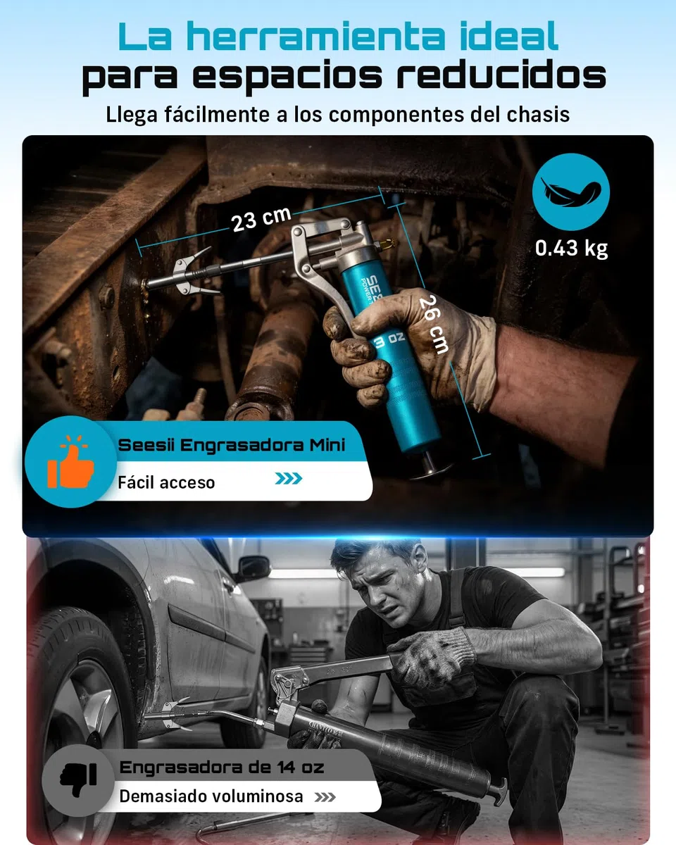 Seesii Mini Engrasadora Manual 85g, 4000 PSI, Kit Pistola de Engrase con Manguera Flexible, 4 Acoplamientos y Tubo de Extensión, para Motocicletas, Automoción, Maquinaria Agrícola y Náutica
