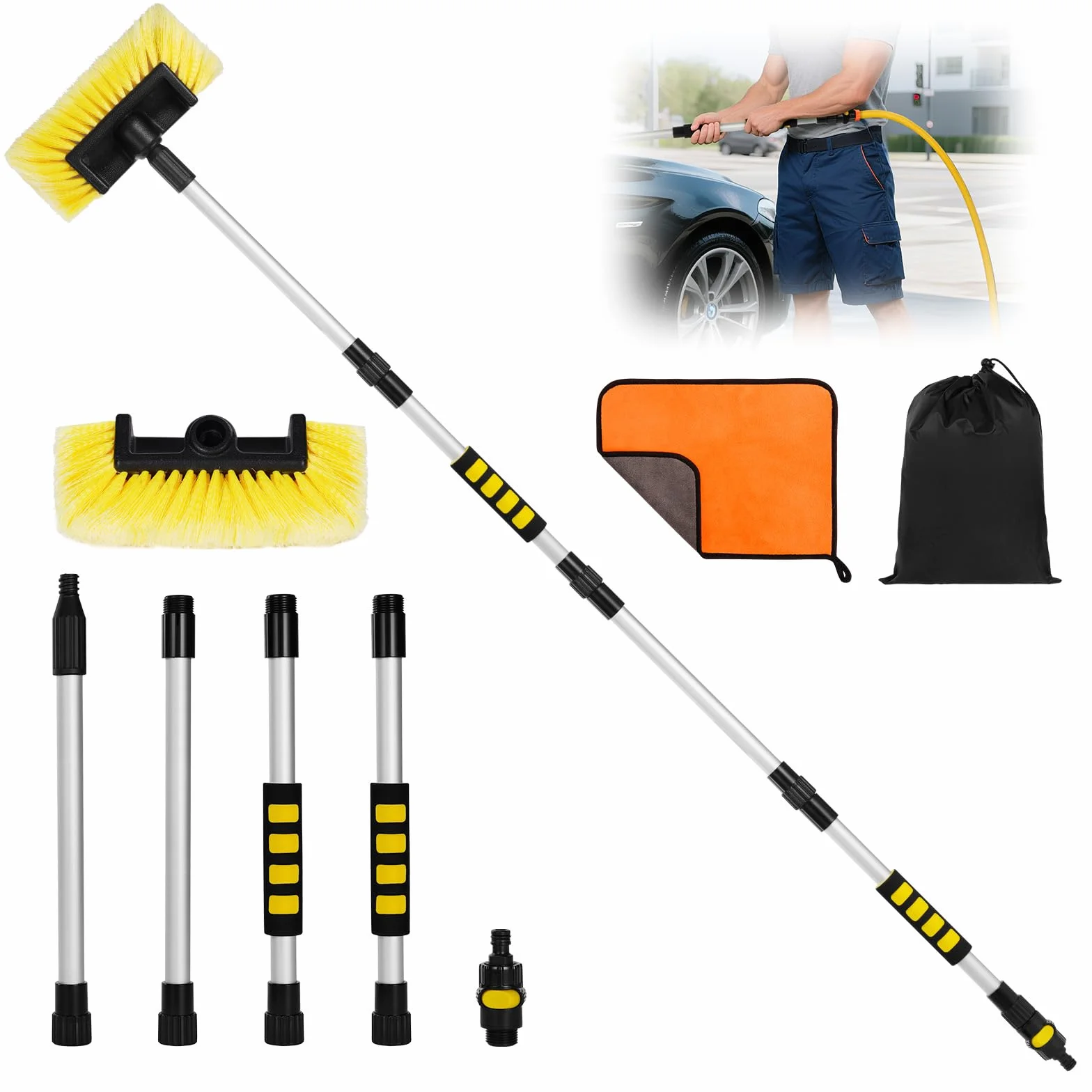 Cepillo Lavar Coche con Mango Largo, 165CM Longitud Ajustable Cepillo Limpieza Coche con Bolsa de Almacenamiento Toalla, Se Puede Conectar Directamente a la Tubería de Agua.