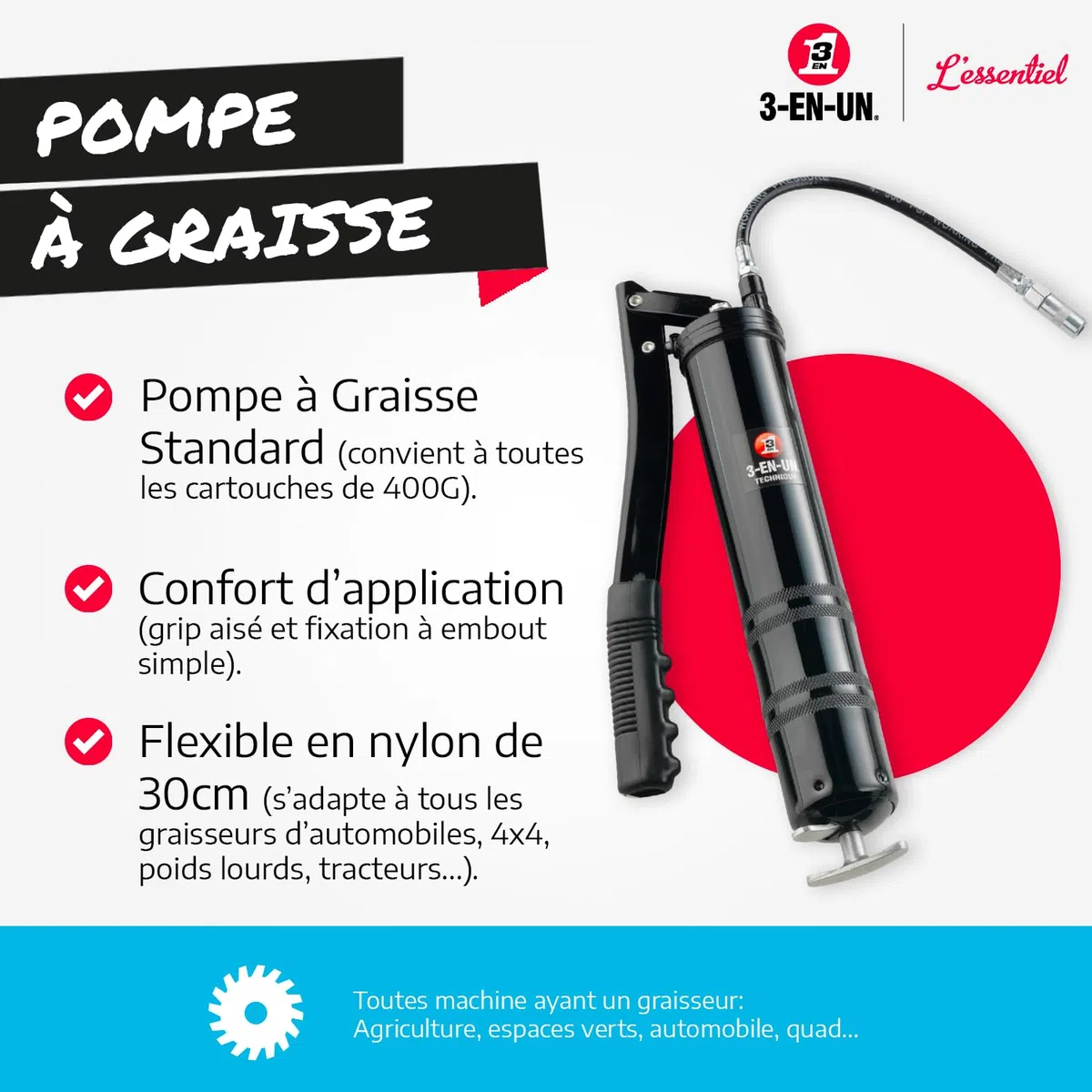 3-EN-UN-IN-One Bomba de engrase, Negro, para Cartucho de 400 gr