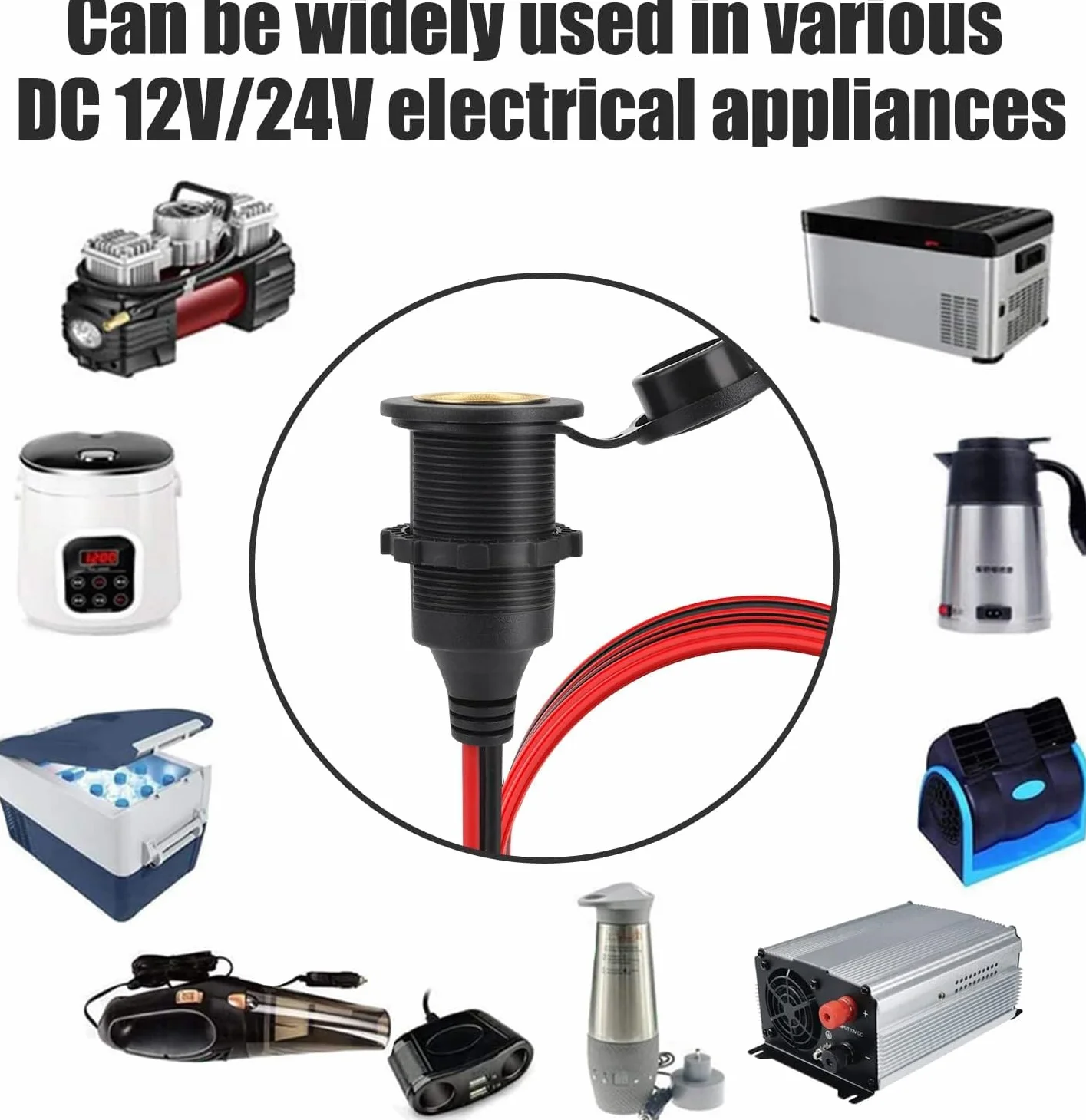 12V / 24V DC Toma de mechero fija, Impermeable Marine Grade Enchufe del Encendedor de Cigarrillos Outlet，Cable alargador de 3m 14AWG 20A,Coche, Motocicleta, Barco
