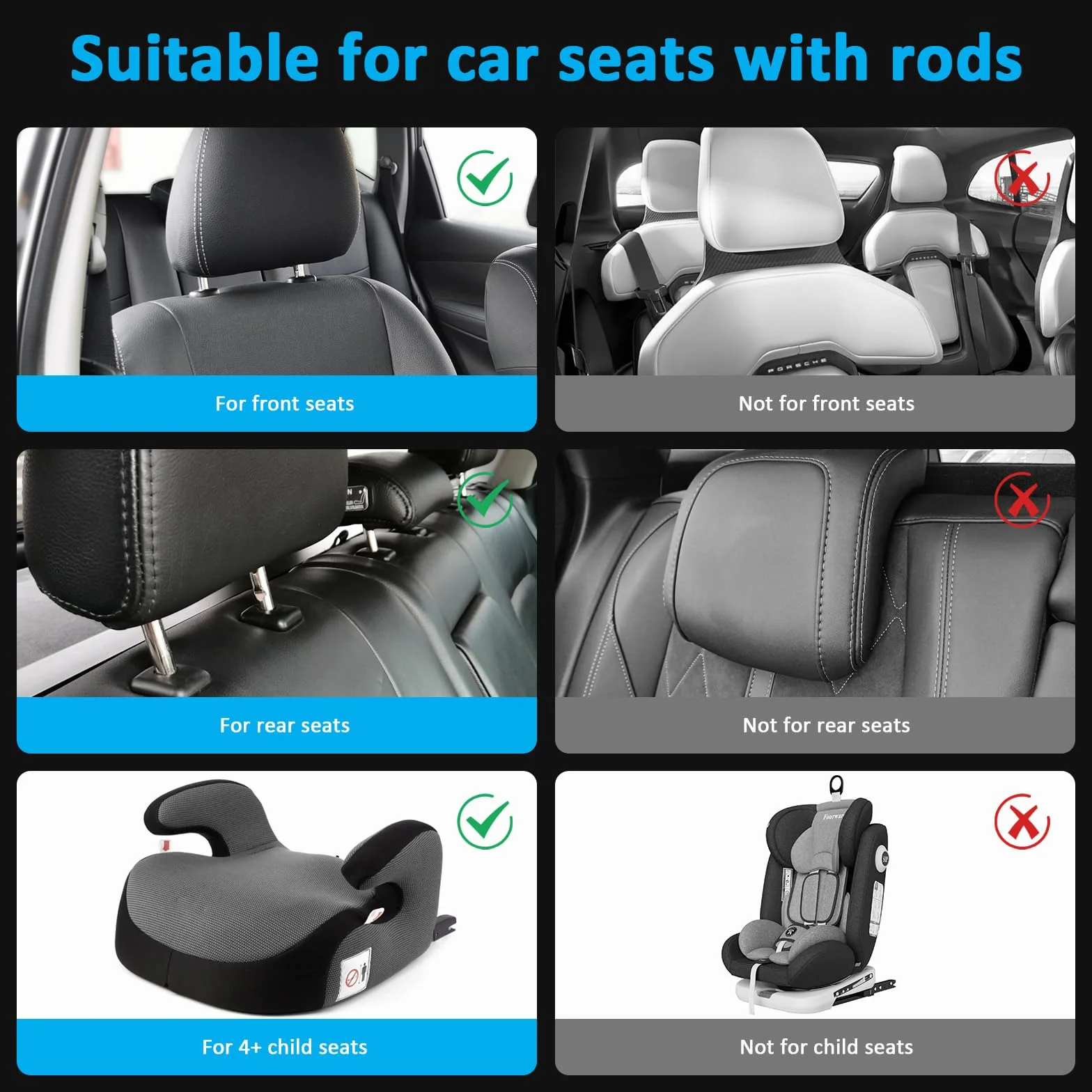 Reposacabezas Coche, Soporte para El Cuello Retráctil y Extraíble Almohada Gancho para Reposacabezas del Asiento del Coche, para Niños Adultos Soporte para La Cabeza (Negro, A05 PU)