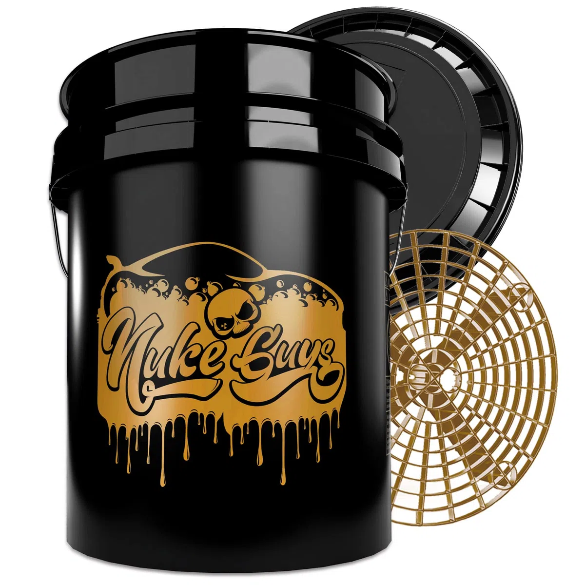 Nuke Guys Gold Bucket Limited Set – Cubo de lavado de 5 galones con tapa y colador de suciedad para el lavado suave de coche/moto