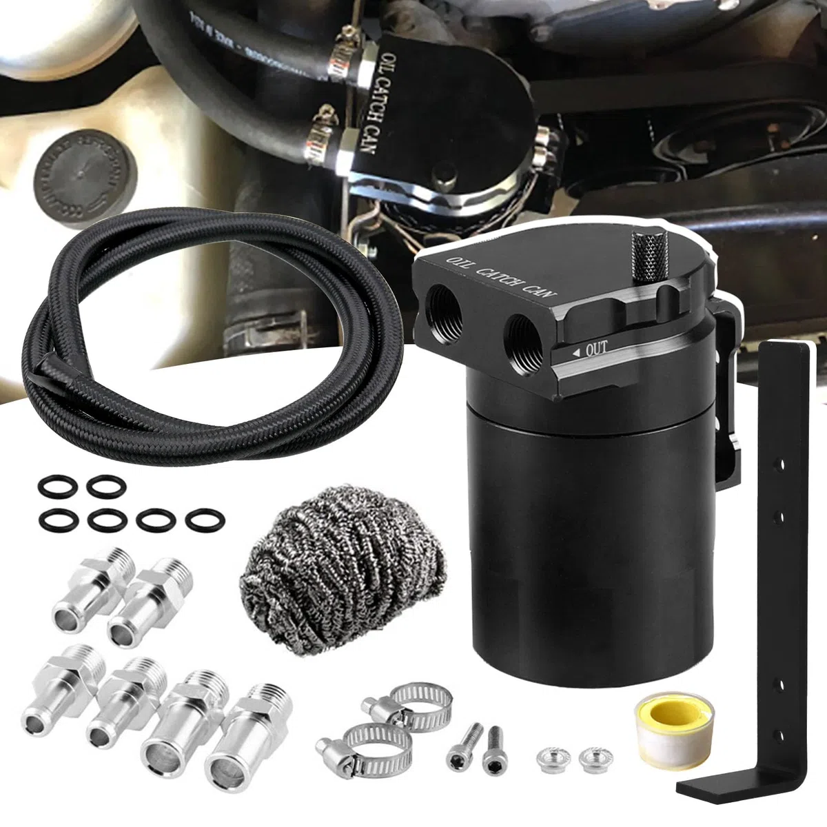 Kit de Captura de Aceite Universal, Depósito Negro de 300ml con Filtro, Manguera Trenzada y Accesorios de Instalación (024c-bk)