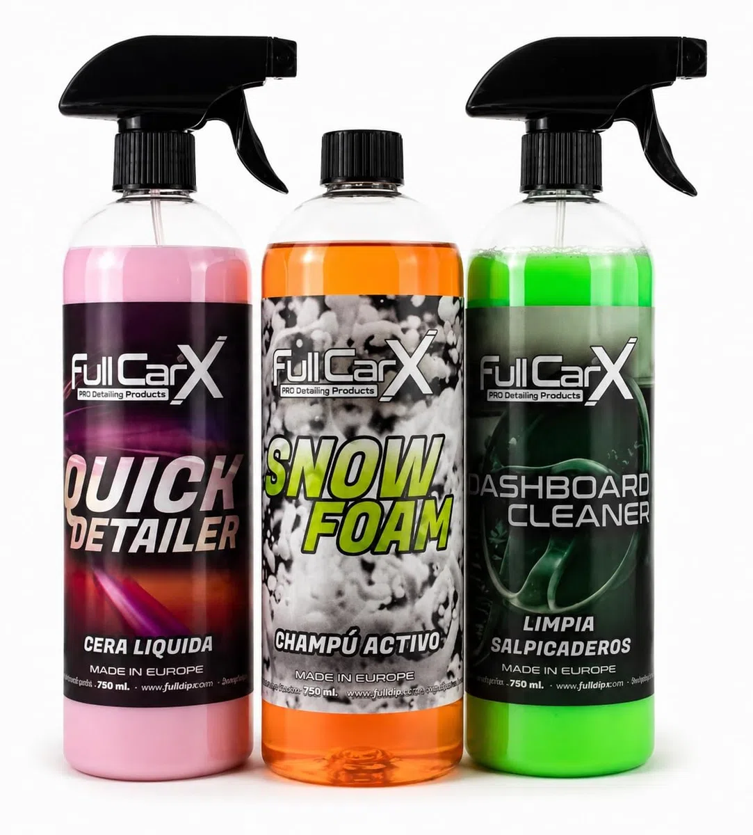 AutoFullCar Kit Limpieza Coche Interior y Exterior FullCarX 3x750 ml, Champú Activo, Cera Líquida, Limpia Salpicaderos, Productos Detailing para Lavado y Cuidado del Vehículo