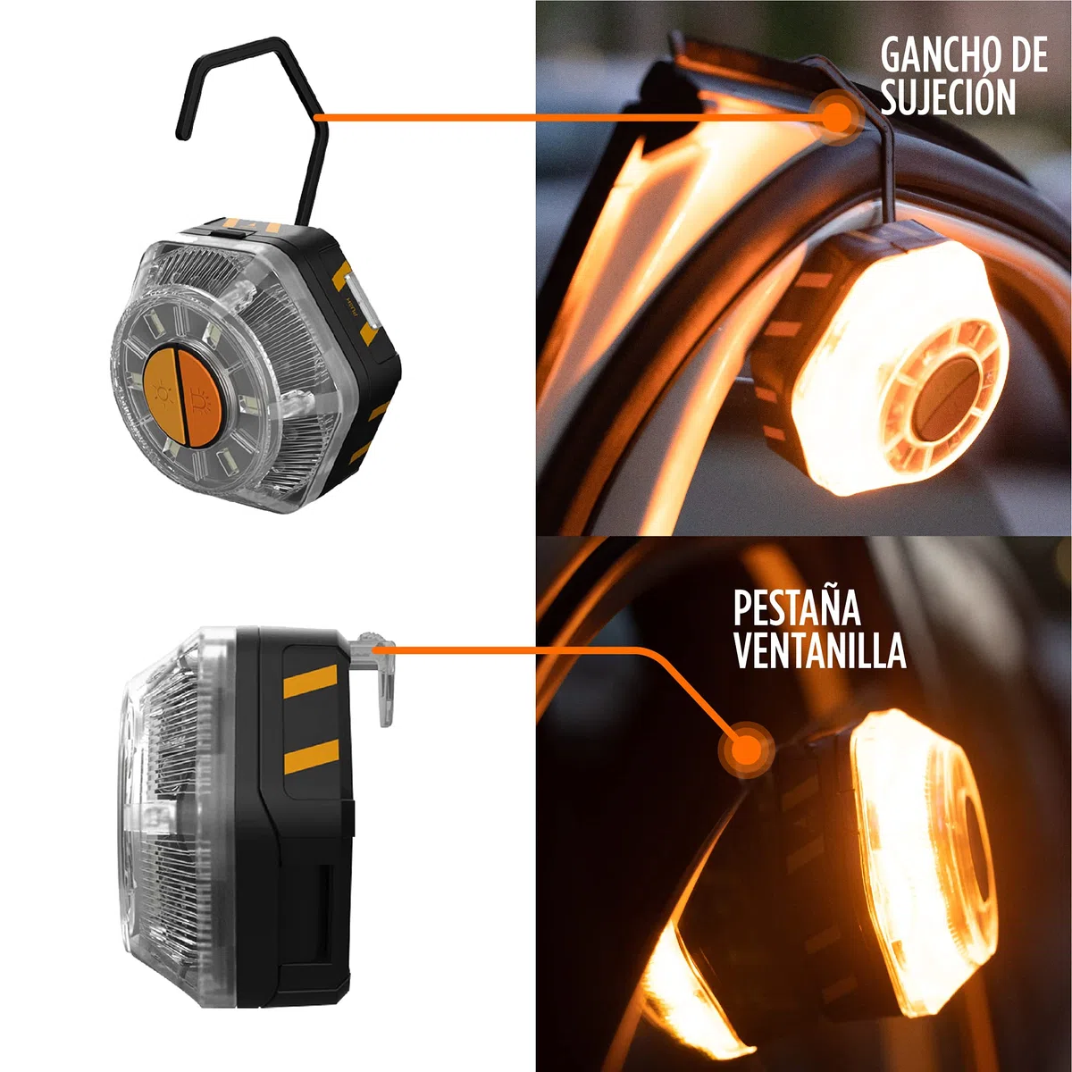 KSIX Luz de Emergencia V16 sin GPS para Coche y Moto con Linterna Led. Baliza de Señalización Luminosa Autónoma en Carretera con Base Magnética y Gancho Multiusos
