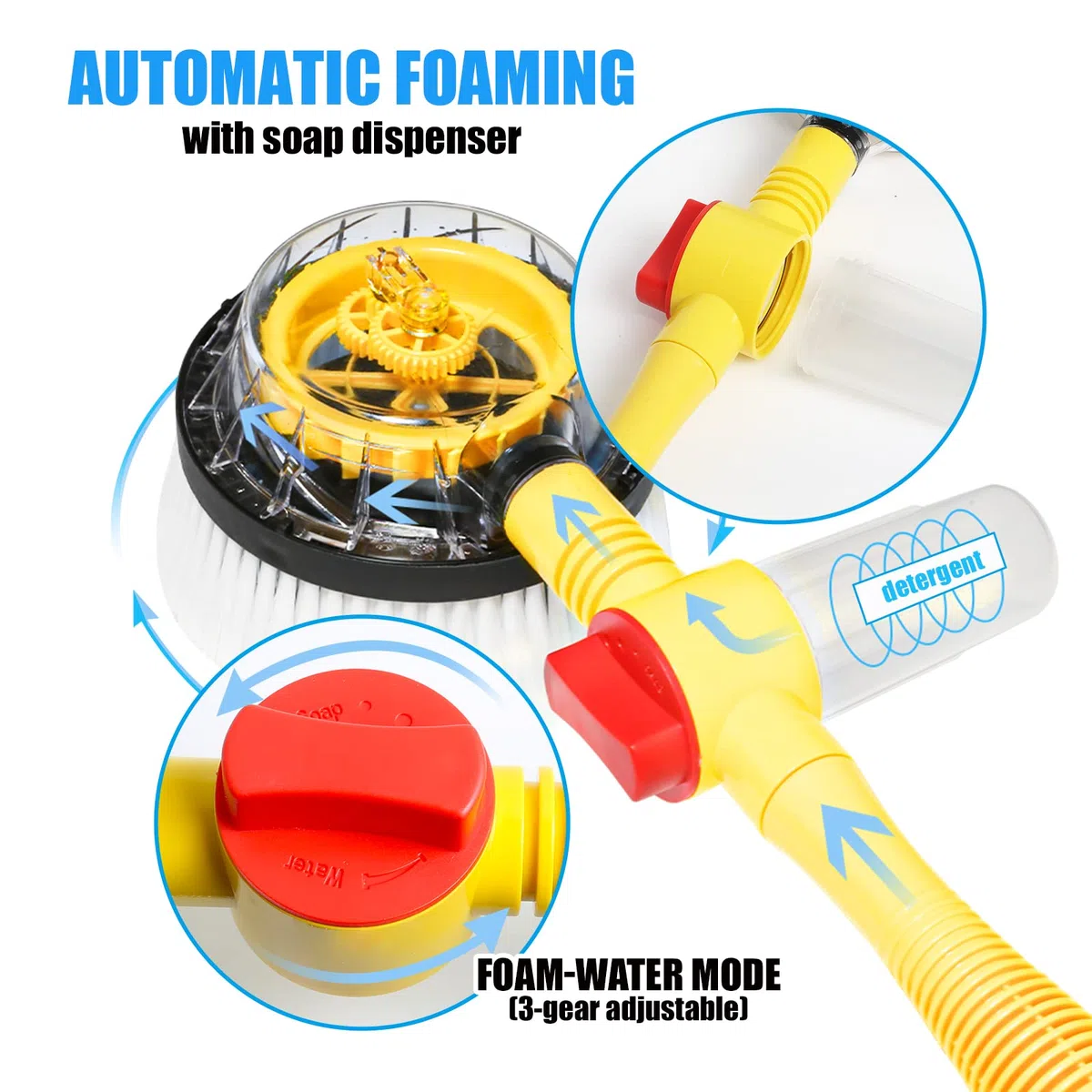 Cepillo Giratorio de Lavado de Coche con Mango Largo, Kit Cepillo de Limpieza de Coches con Espuma Automática, Pistola de Lavado a Presión y Boquilla de Manguera para Patios, Jardines, Mascotas