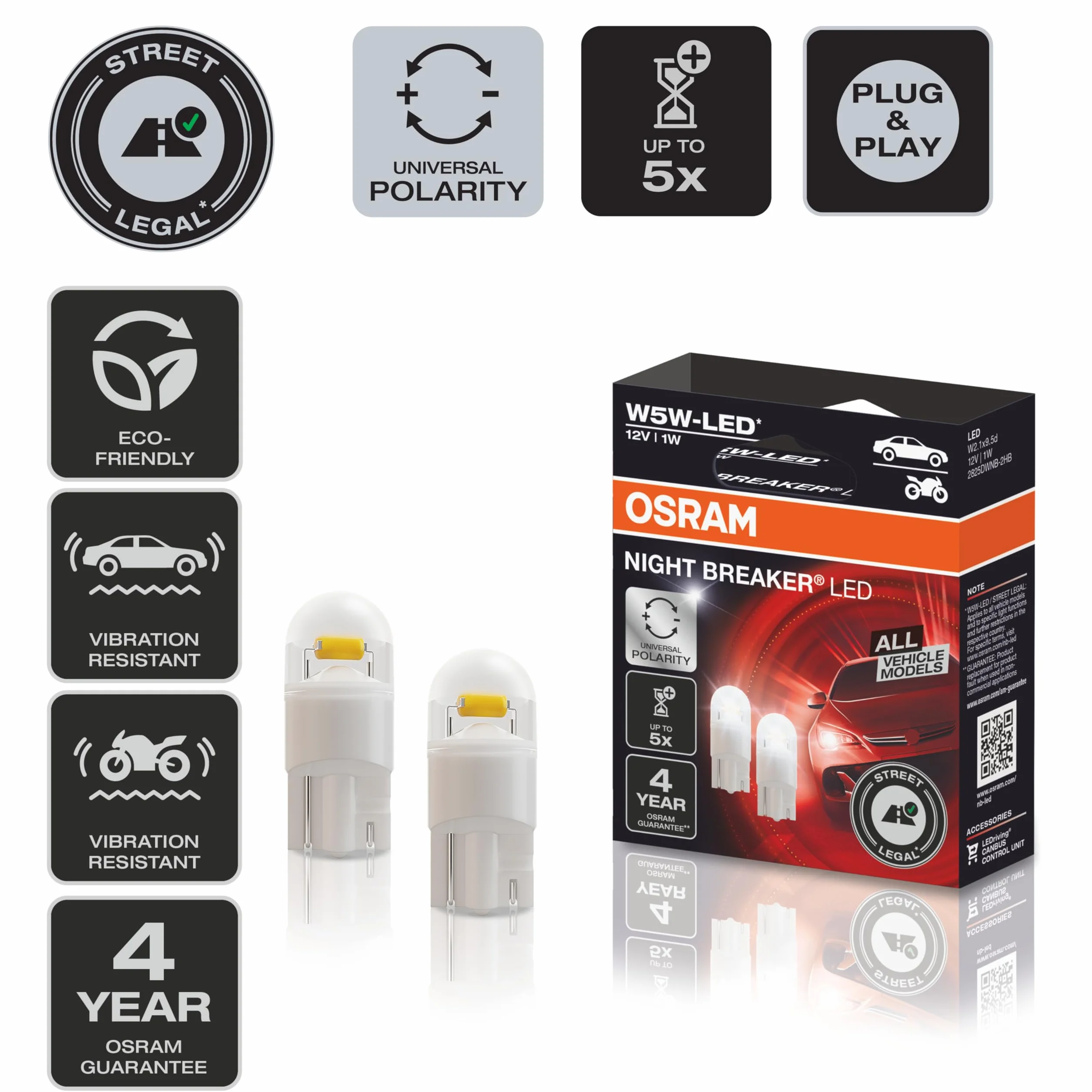 OSRAM NIGHT BREAKER LED W5W, luz de estacionamiento/luz de posición/luz interior universal con homologación de calle, para todos los modelos de vehículos, 12V