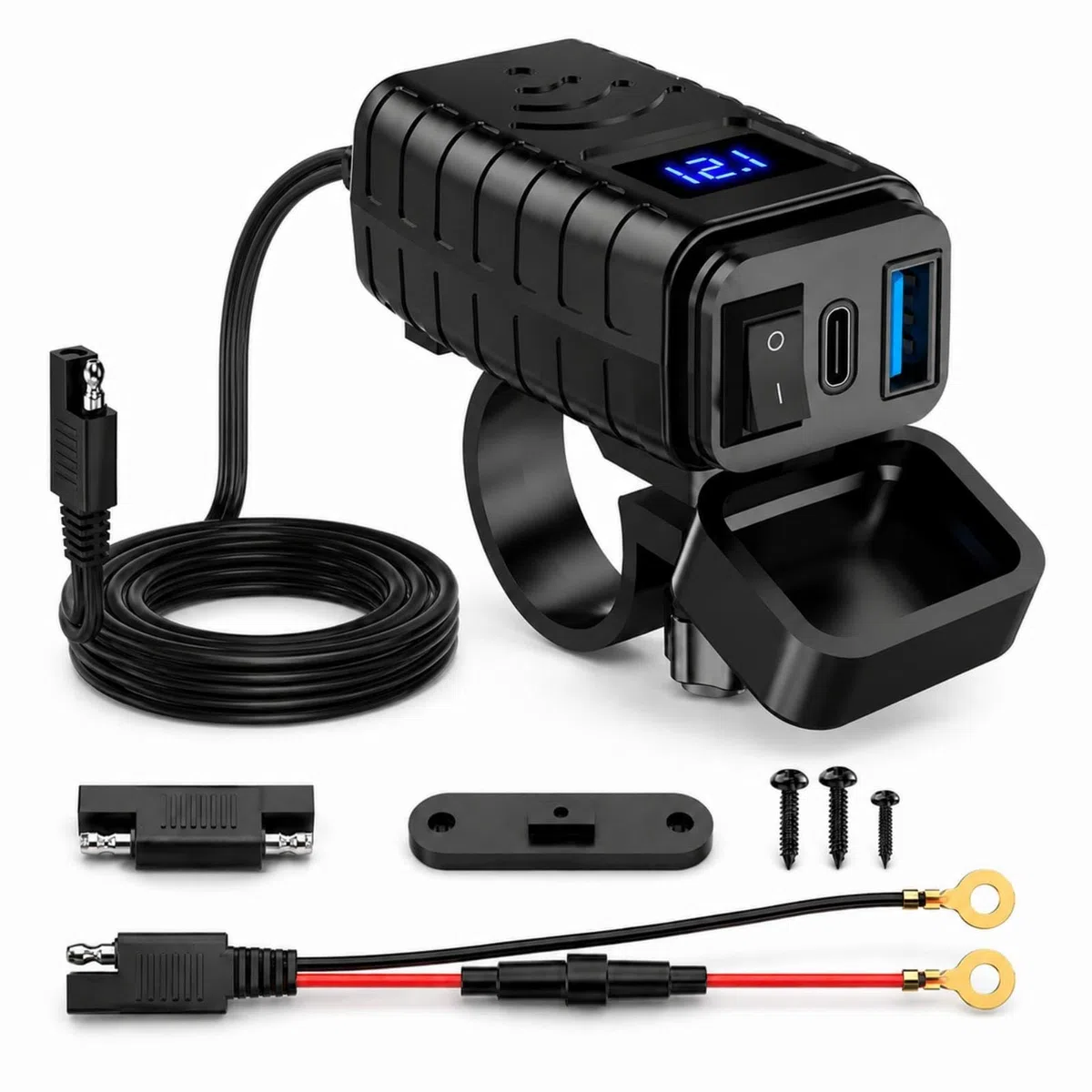 Cargador USB Moto, Toma USB C 12V 24V con PD3.0 36W y QC3.0 18W, Enchufe Impermeable con Interruptor, Voltímetro LED, Fusible 10A SAE para Motocicleta ATV Scooter Camper Barco Coche GPS RV