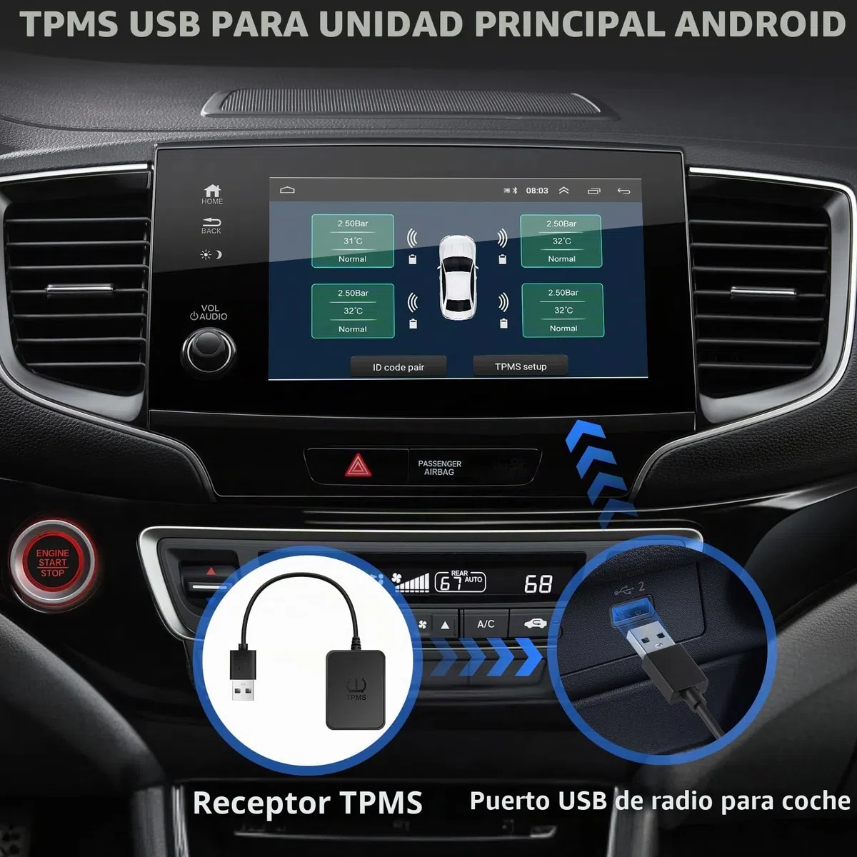 Sistema de monitoreo de presión de neumáticos de coche Liwogi con carga USB, para pantalla de navegación Android, herramienta universal de monitoreo de presión de neumáticos TPMS con 4 sensores, 8 Bar