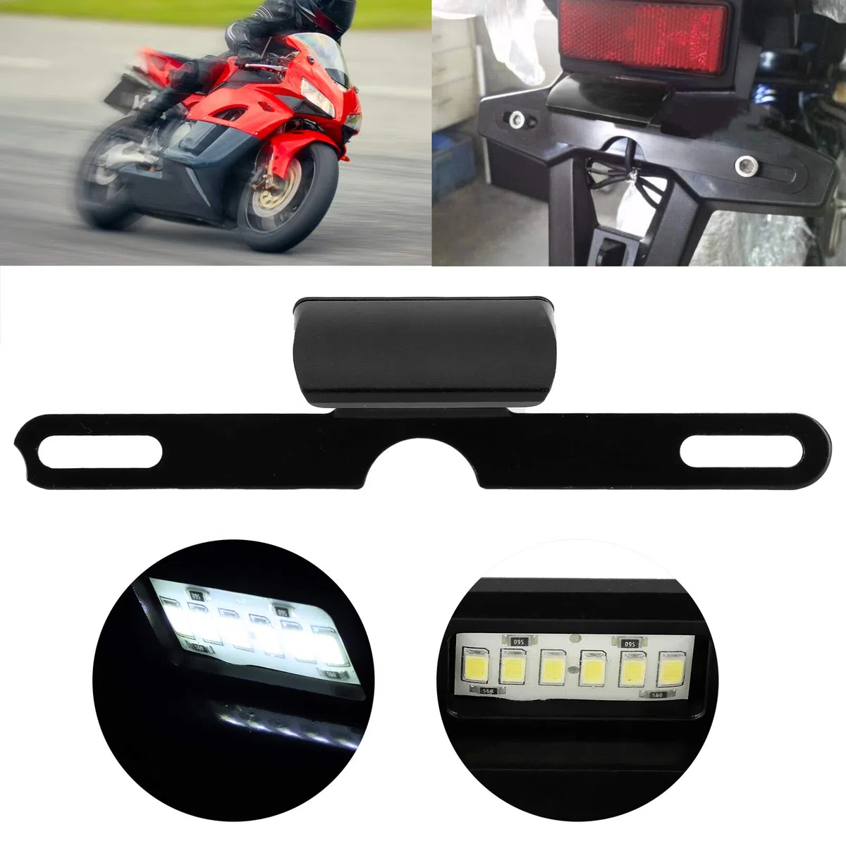 Luz de Etiqueta de Motocicleta, Placa de Matrícula Universal, Lámpara Trasera de Aluminio CNC, Iluminación de Montaje Trasero de 6 LED, Accesorio de Iluminación Negro(Negro)