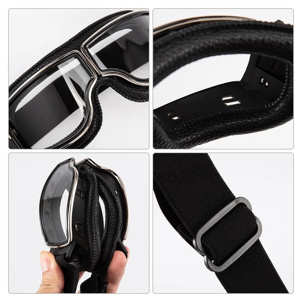 Gafas de moto vintage aviador retro plegables de cuero PU resistentes al viento para hombres y mujeres