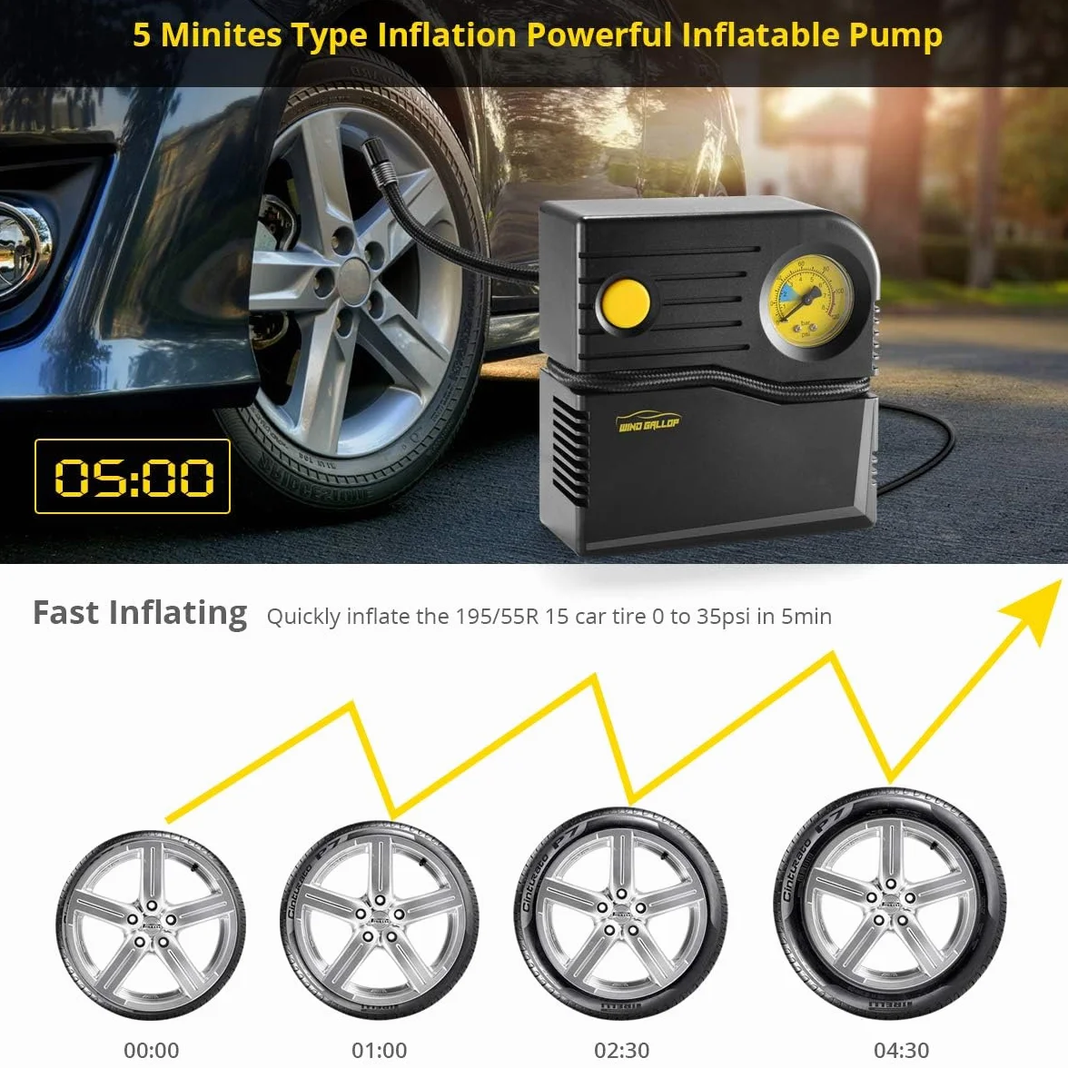 WindGallop Compresor Aire Portatil12v Inflador Ruedas Coche Hinchador Electrico Bicicleta Mini Compresor de Aire Portatil Bomba de Aire con Manómetro de Neumáticos y Adaptadores de Válvulas (Amarillo)