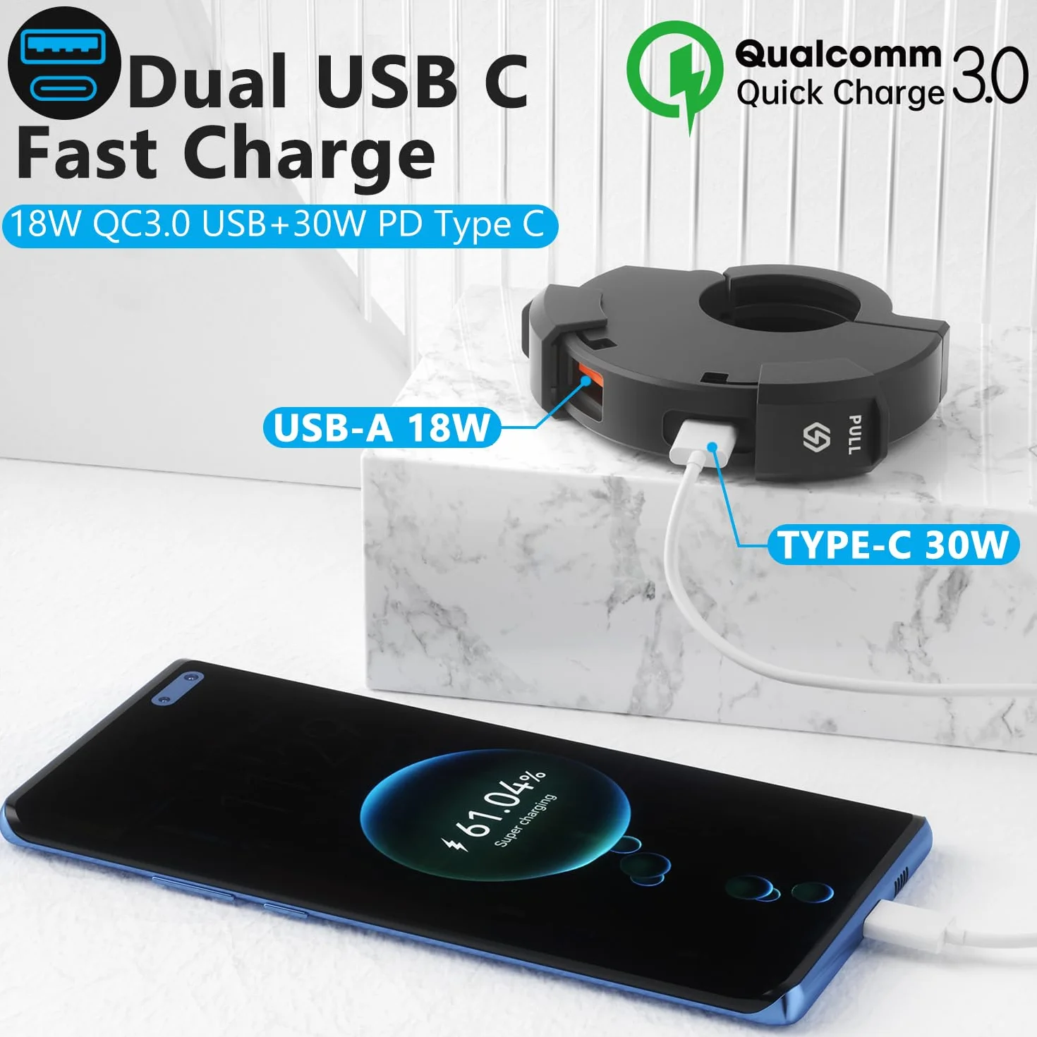 Cargador USB Moto Impermeable 18W QC3.0 USB y 30W PD Type-C,DC12V-24V Toma de Carga Type-C Motocicleta Adaptador de Carga Rápida con 5A USB-C Cable de Carga en Espiral