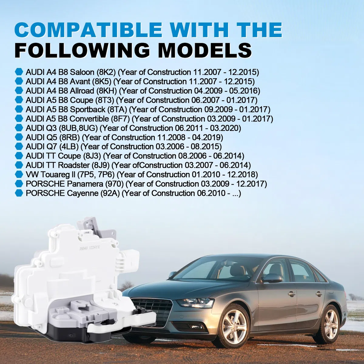 Actuador para el mecanismo de bloqueo de la puerta trasera derecha. Compatible con Touareg II (7P5, 7P6), A4 B8 (8K2, 8K5, 8KH), A5 B8 (8T3, 8TA, 8F7), Q3 (8UB, 8UG). Repuesto para 8K0839016.